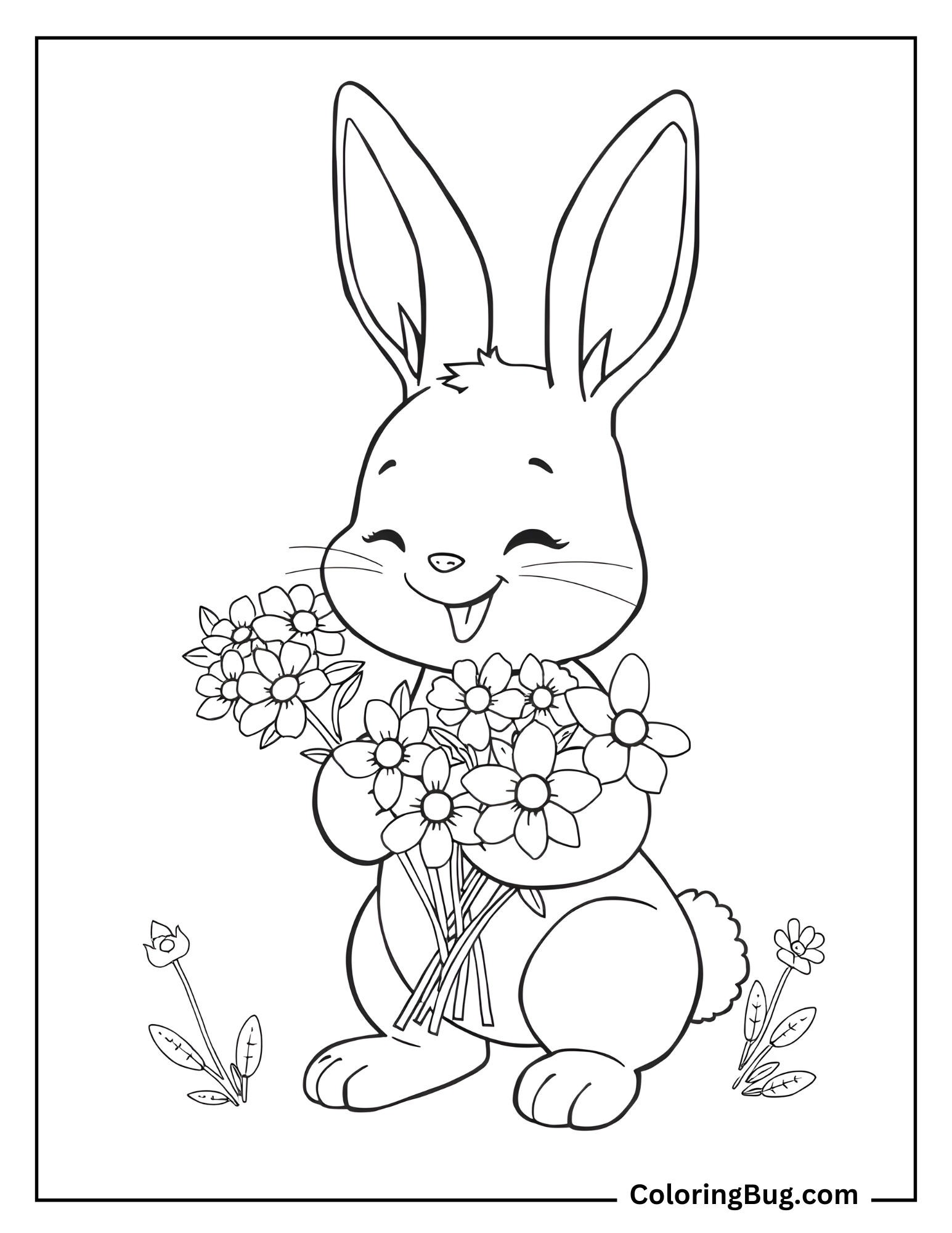 Smiling Bunny Holding a Bouquet of Flowers Coloring Sheet