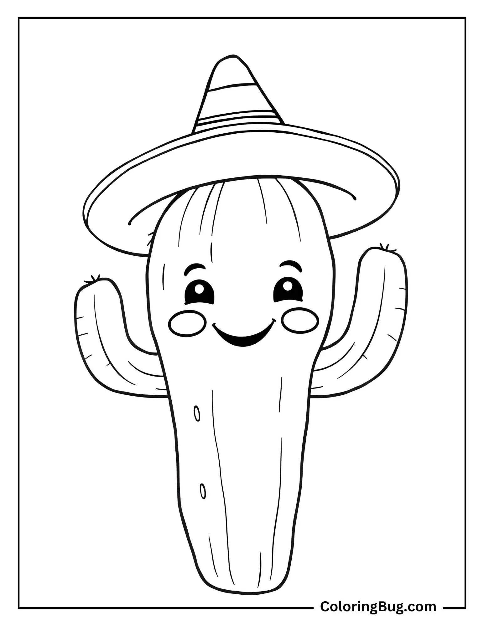 Smiling Cactus Wearing a Tiny Sombrero Coloring Sheet