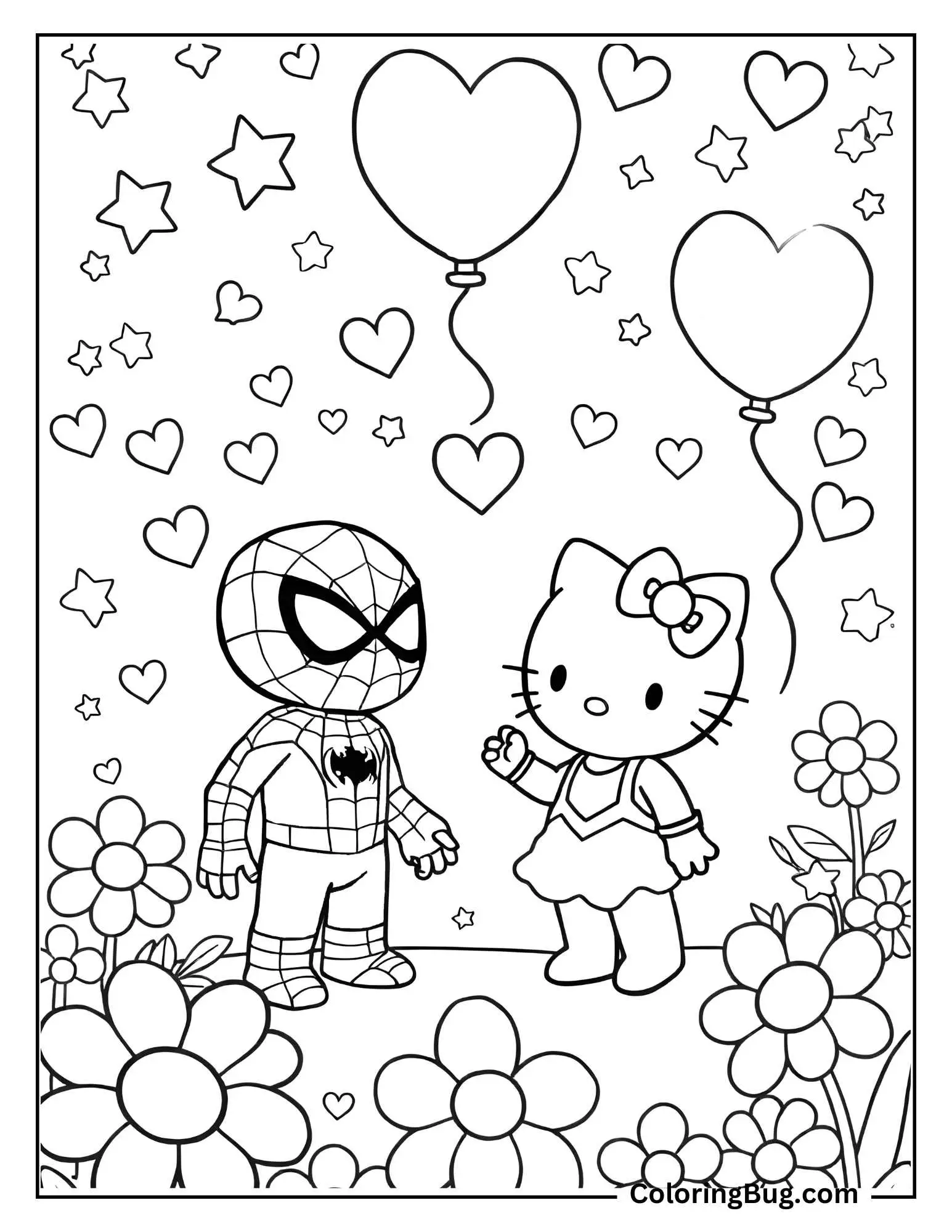 coloring page captures a joyful meeting between Hello Kitty and Spider-Man in a whimsical garden setting. Surrounded by large blooming flowers, heart-shaped balloons, and a sky filled with floating hearts and stars, the scene is full of charm and happiness. Hello Kitty wears a cute dress and seems to be greeting Spider-Man, who stands confidently in his iconic suit.