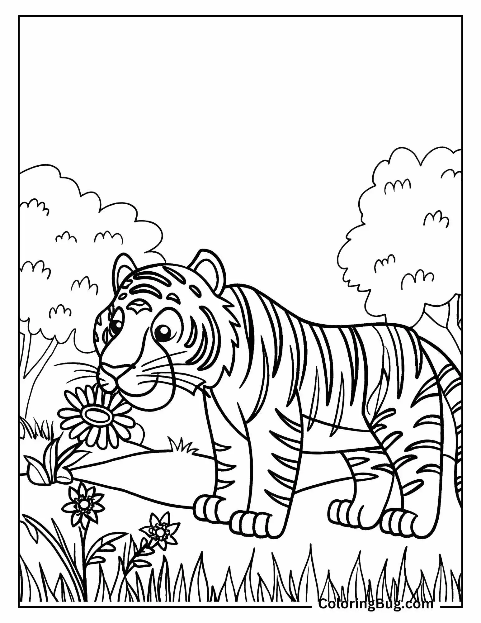 Tiger Sniffing Flowers Coloring Sheet