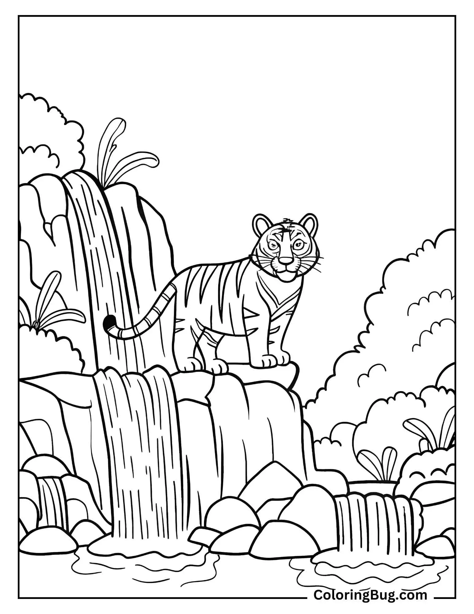 Tiger Standing on Water Fall Coloring Sheet