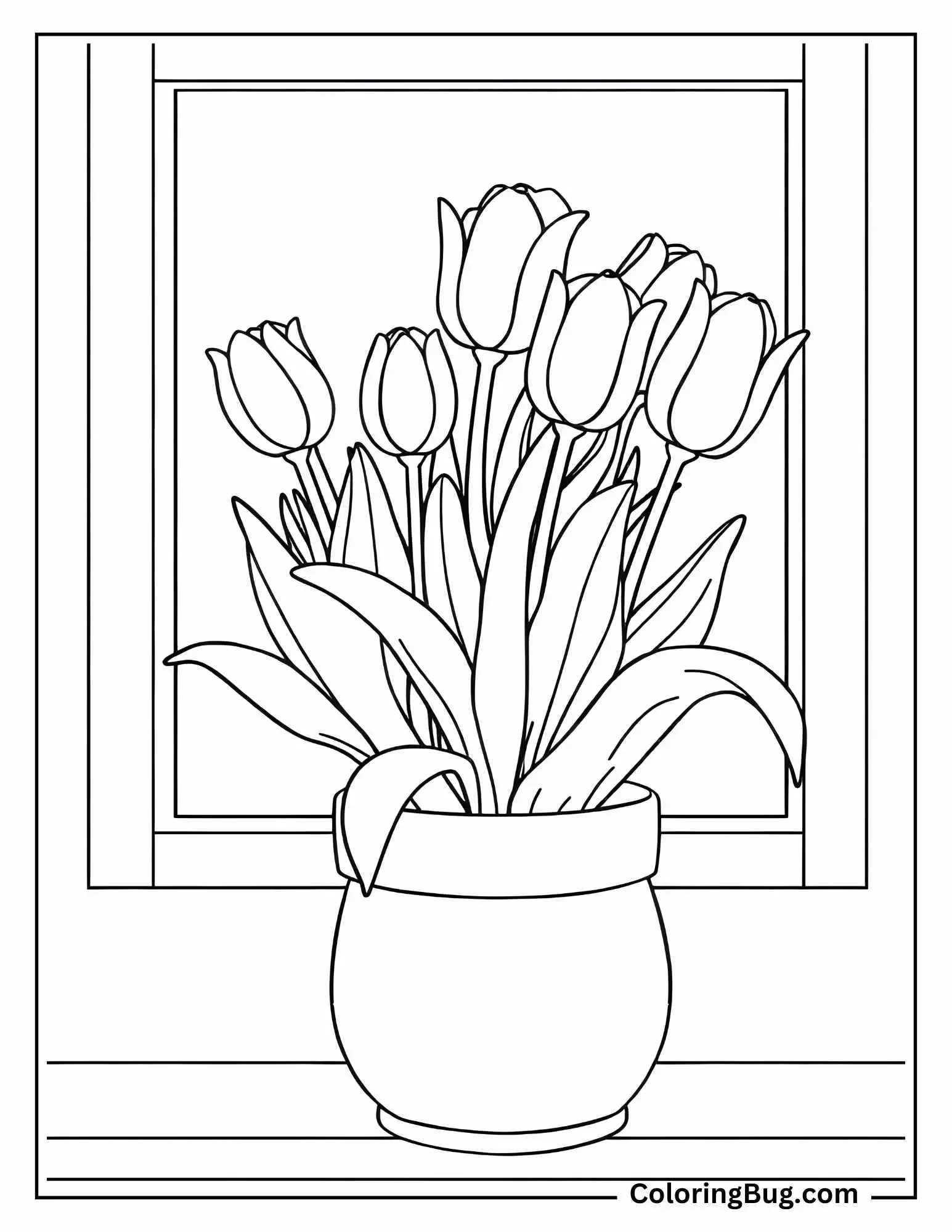 Tulip Plant on Windowsill Coloring Sheet
