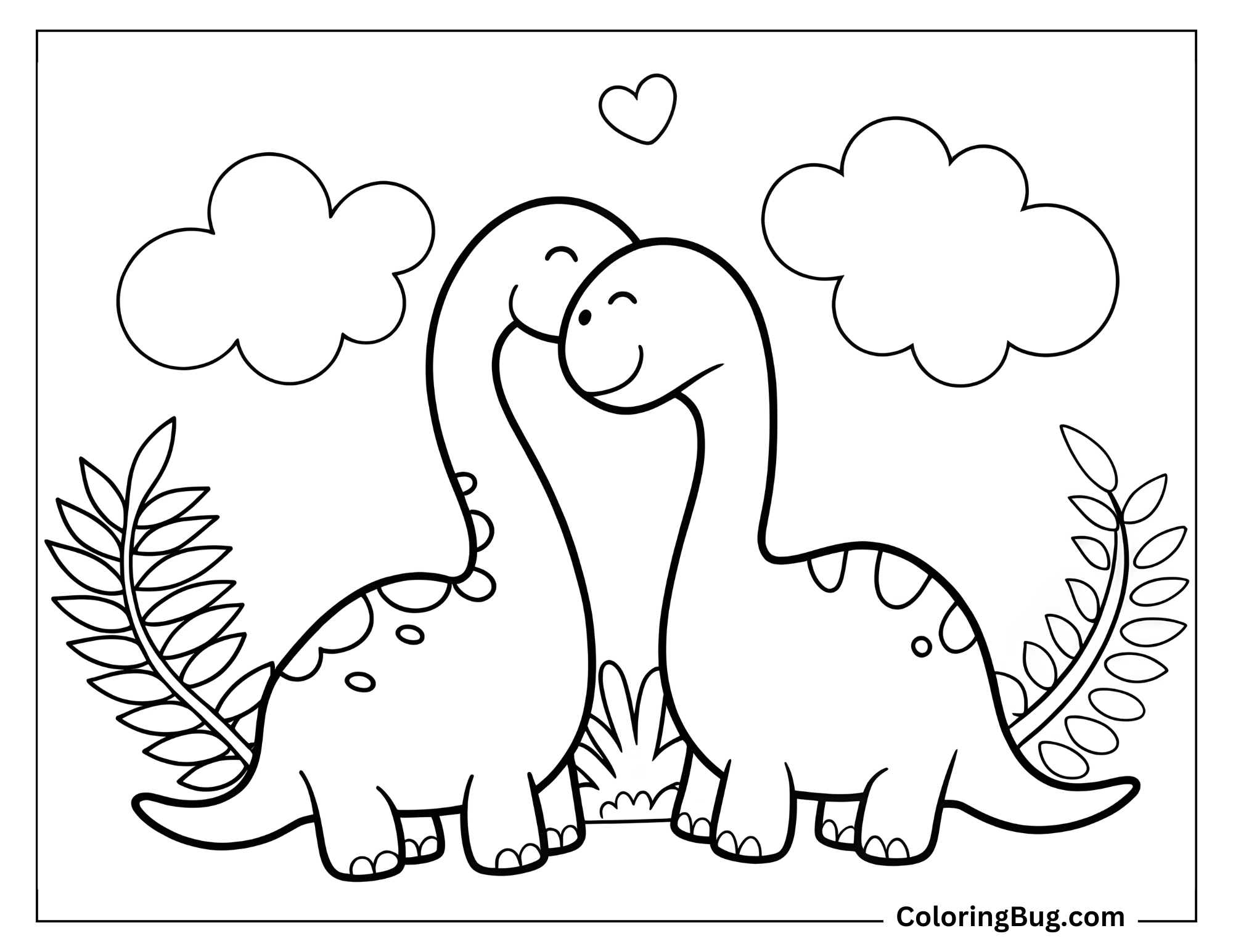 This coloring page depicts two adorable Brachiosauruses in a heartwarming scene of affection. The two dinosaurs are standing closely, their long necks lovingly intertwined to form a gentle heart shape at the top, with a small heart floating above them to emphasize the theme of love. The background features fluffy clouds and simple leafy plants, adding a touch of nature while keeping the design light and uncluttered. Both dinosaurs have friendly, cheerful expressions and cute, simple patterns on their bodies, making them perfect for young artists to color.