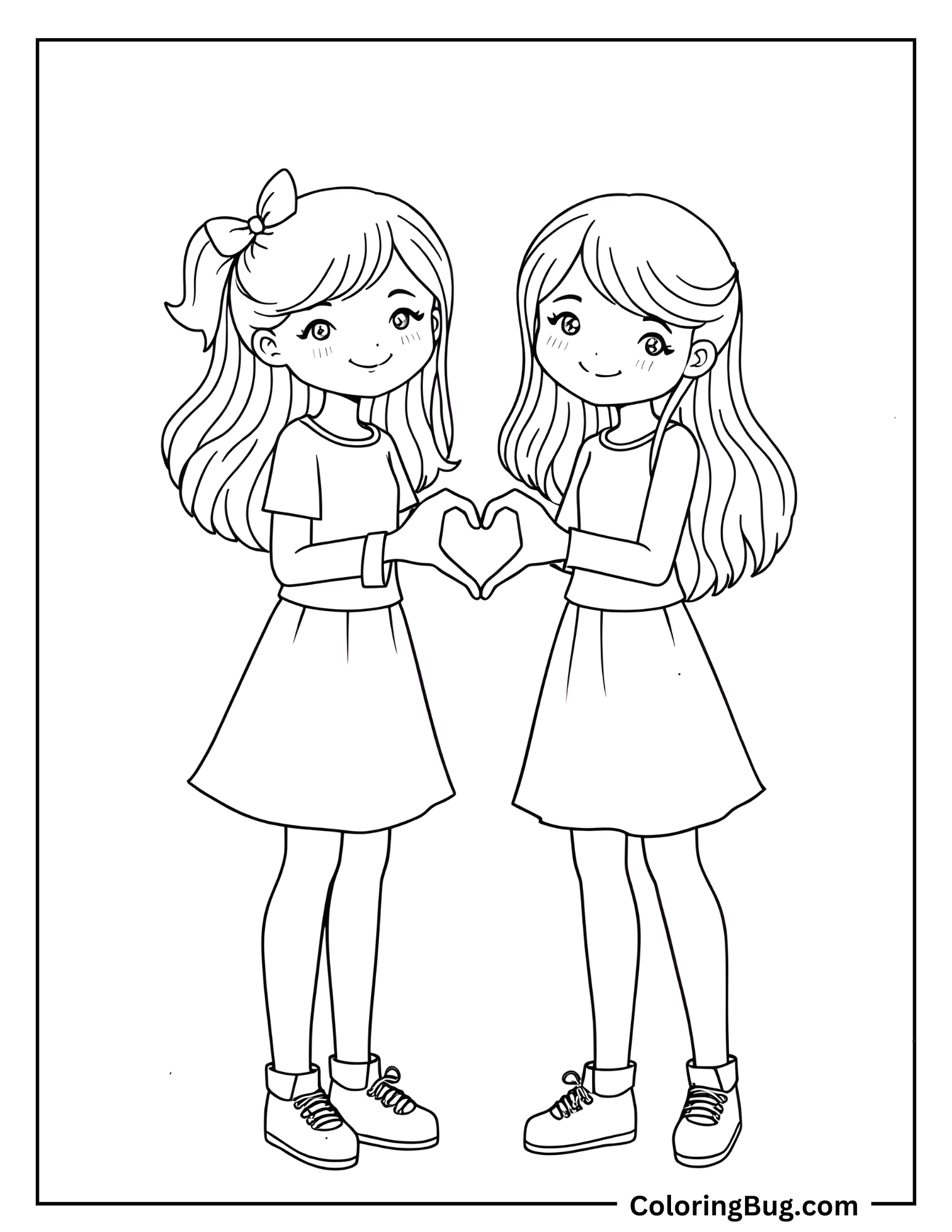 Two Girls Making Heart With Hand Coloring Sheet