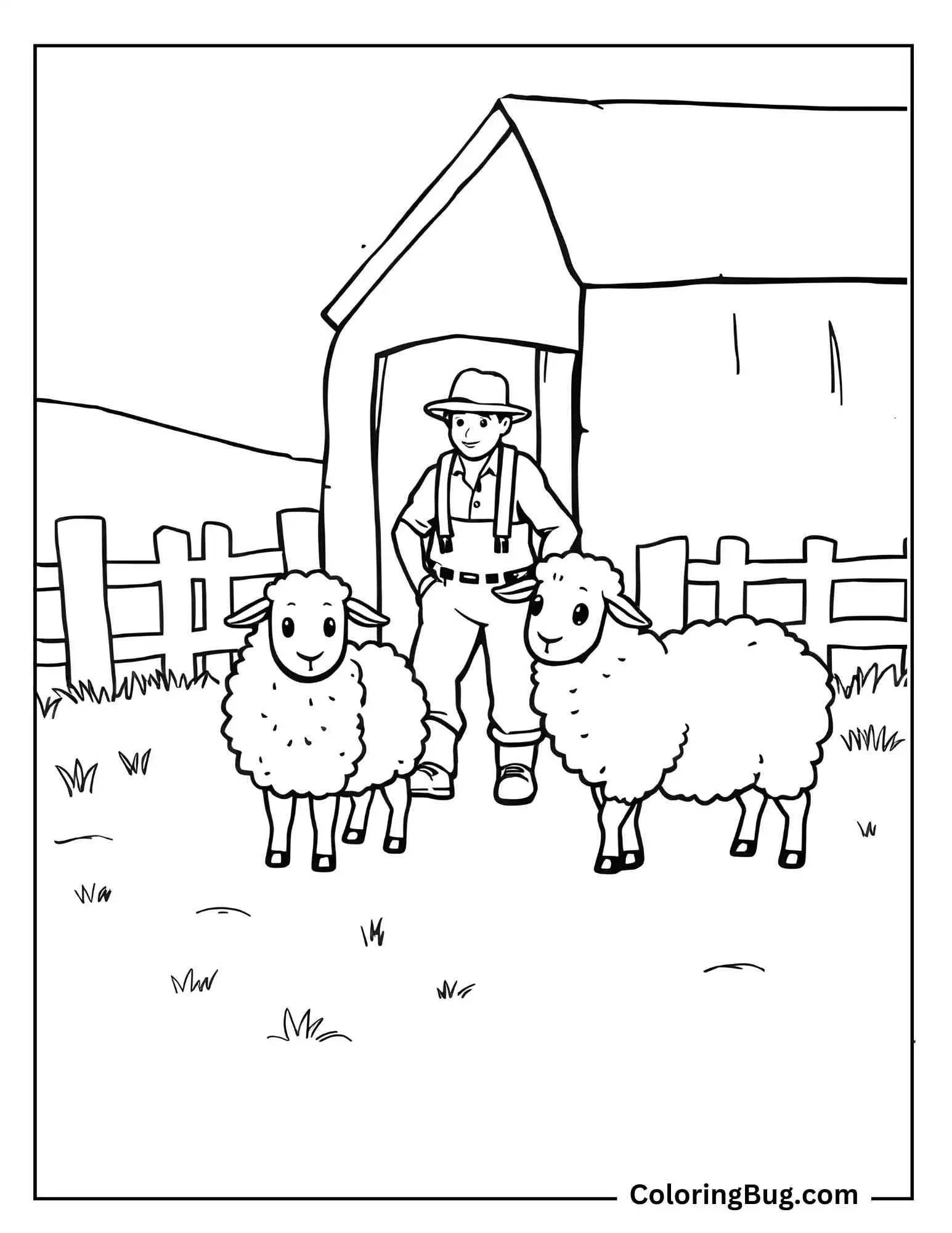 Two sheeps With Farmer Coloring Sheet 