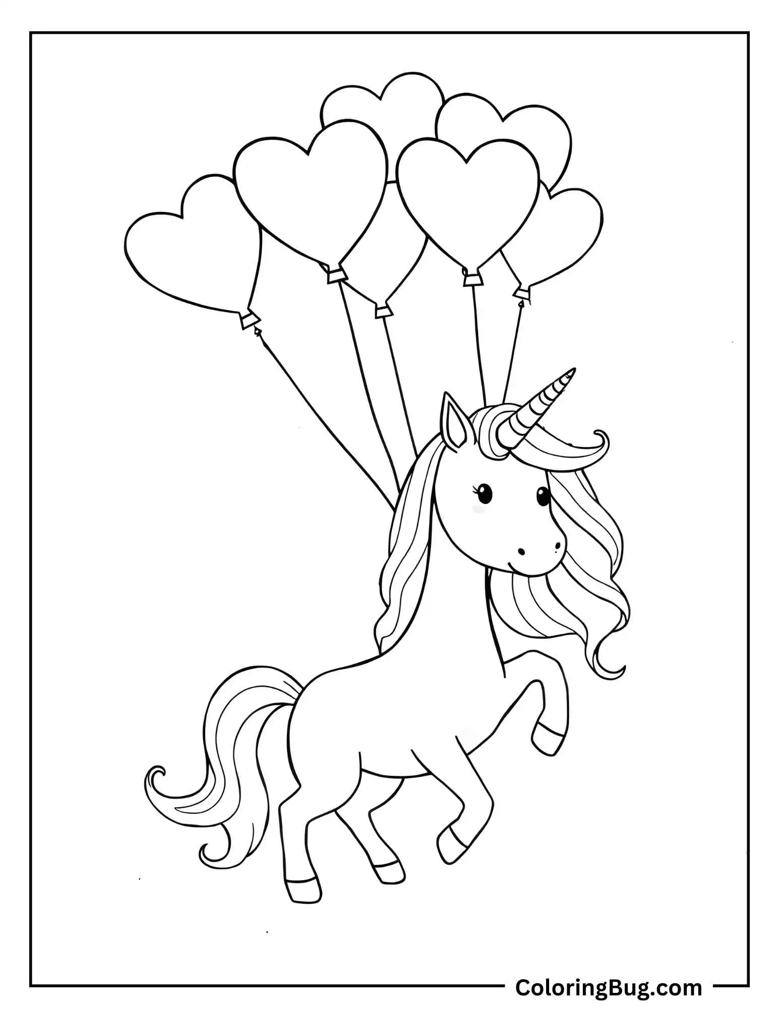 Unicorn With Heart Balloons Coloring Sheet