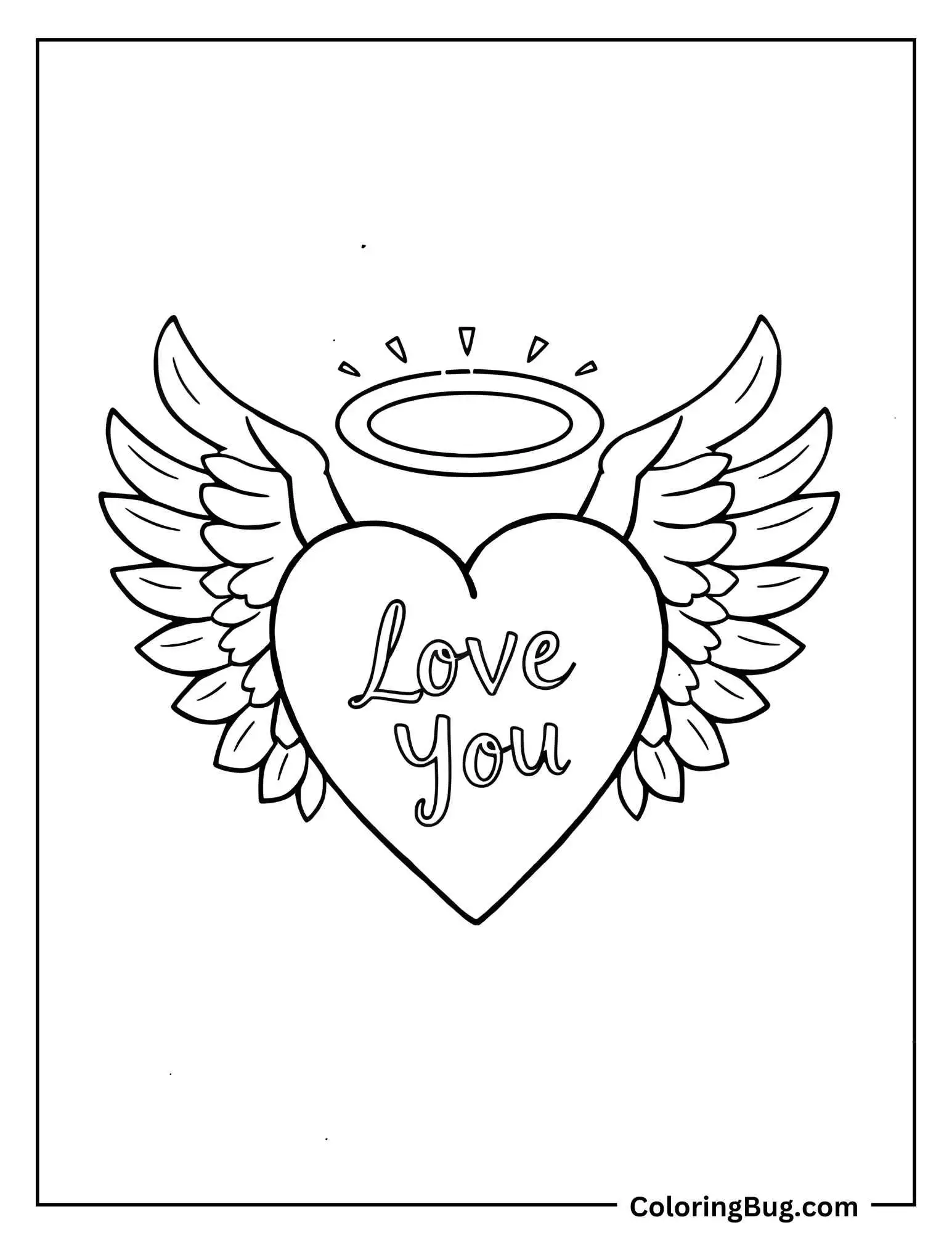 Winged Heart With Halo And I Love You Coloring Sheet