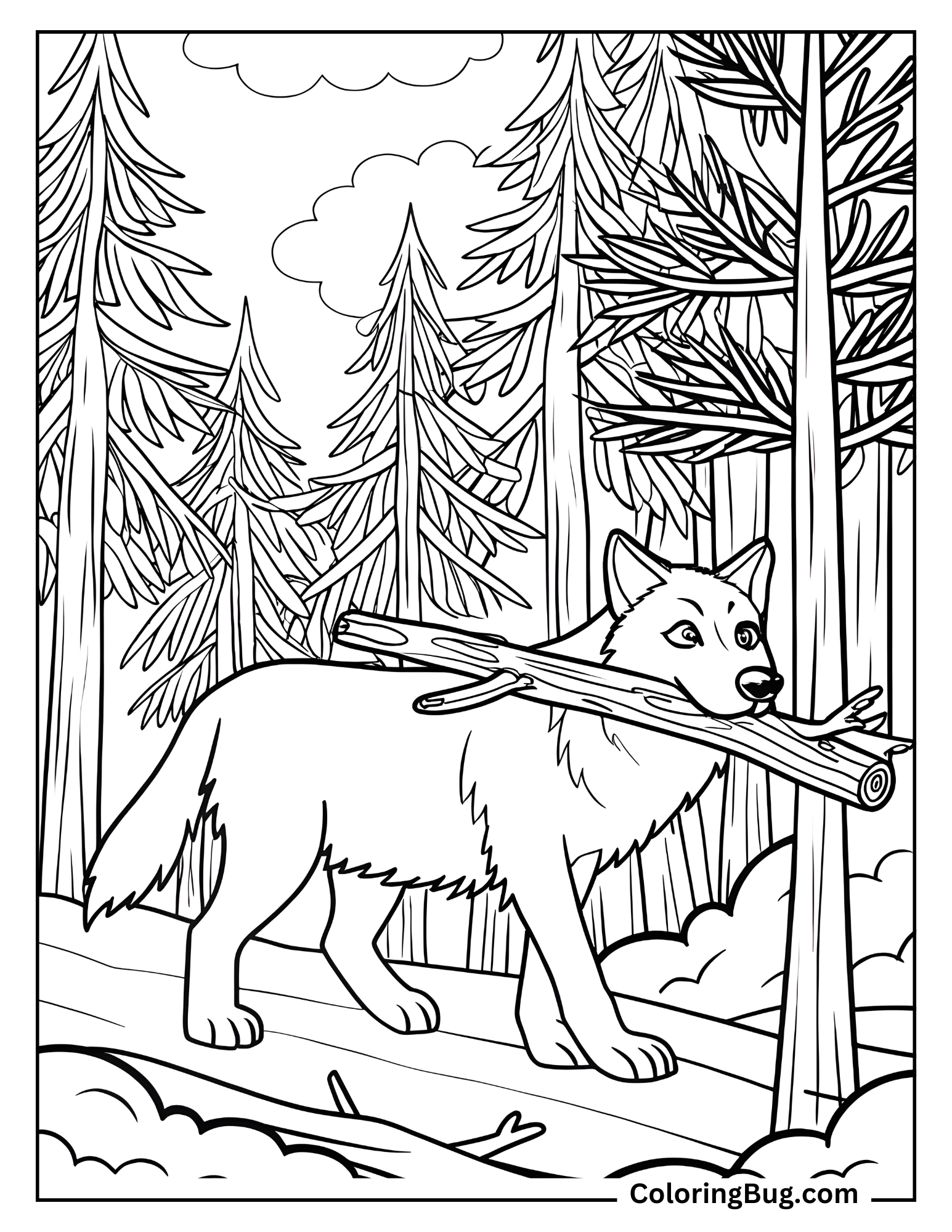 Wolf Holding Stick in Mouth Coloring Sheet