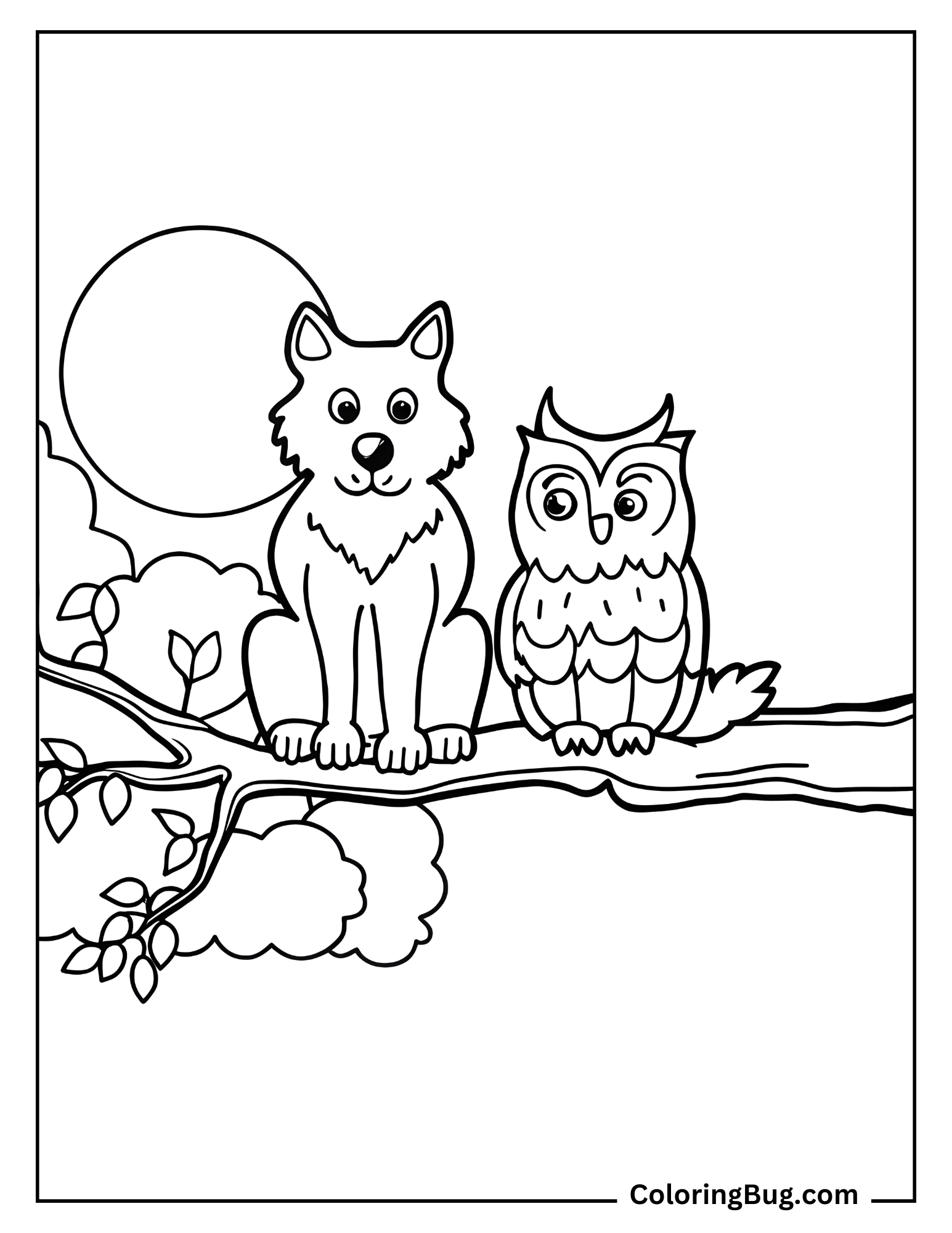 Wolf and Owl Perched on Brunch of Tree Coloring sheet