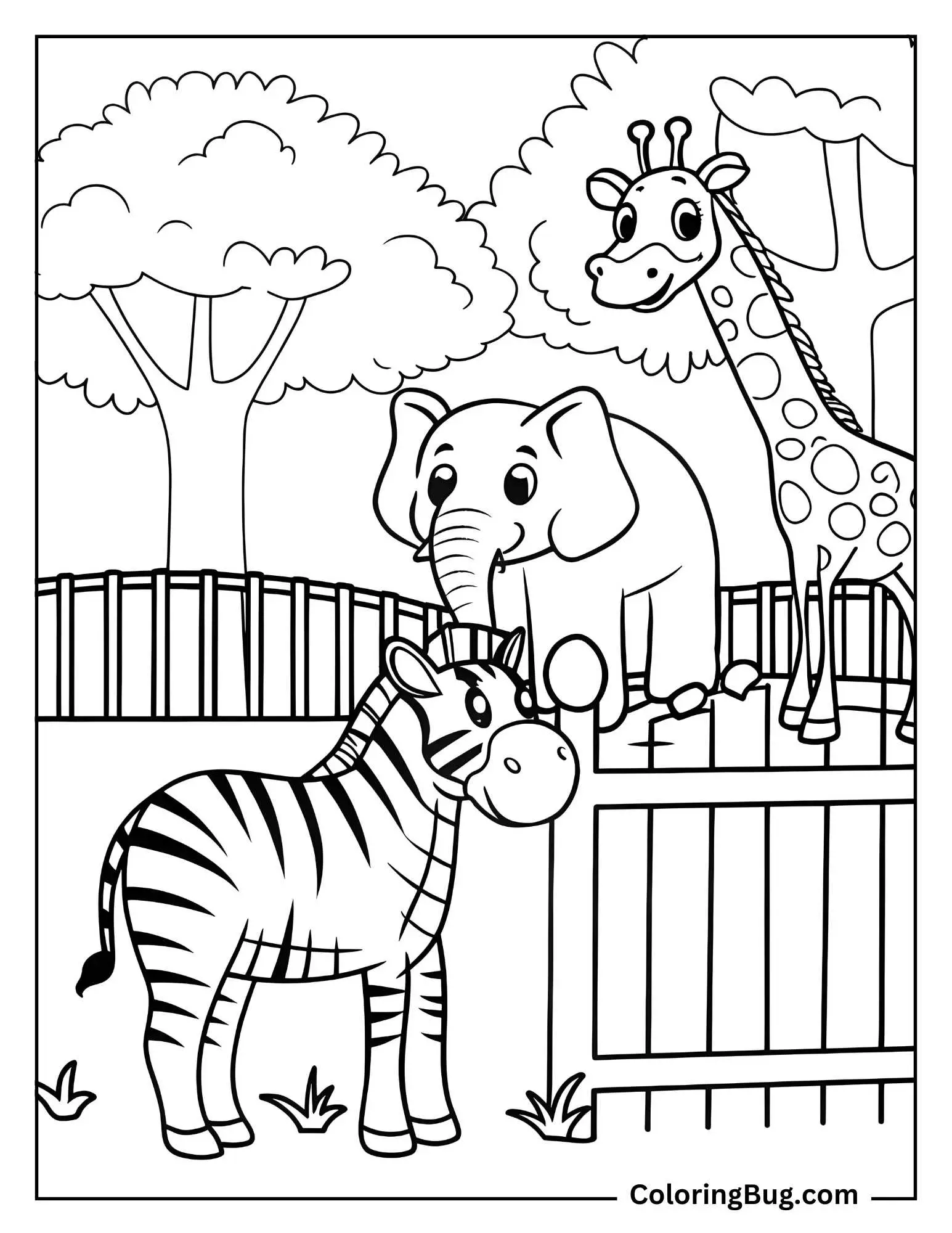 Zebra ,Elephant and Giraffe in Zoo Coloring Sheet