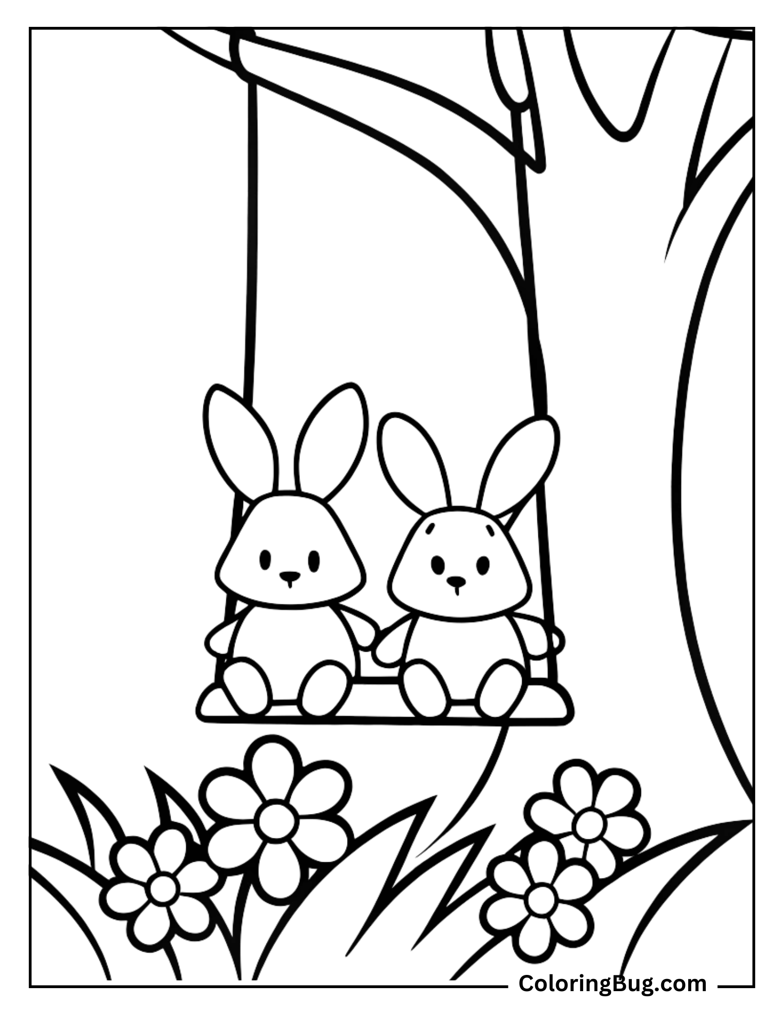 2 Cute Bunny On Swing coloring Sheet