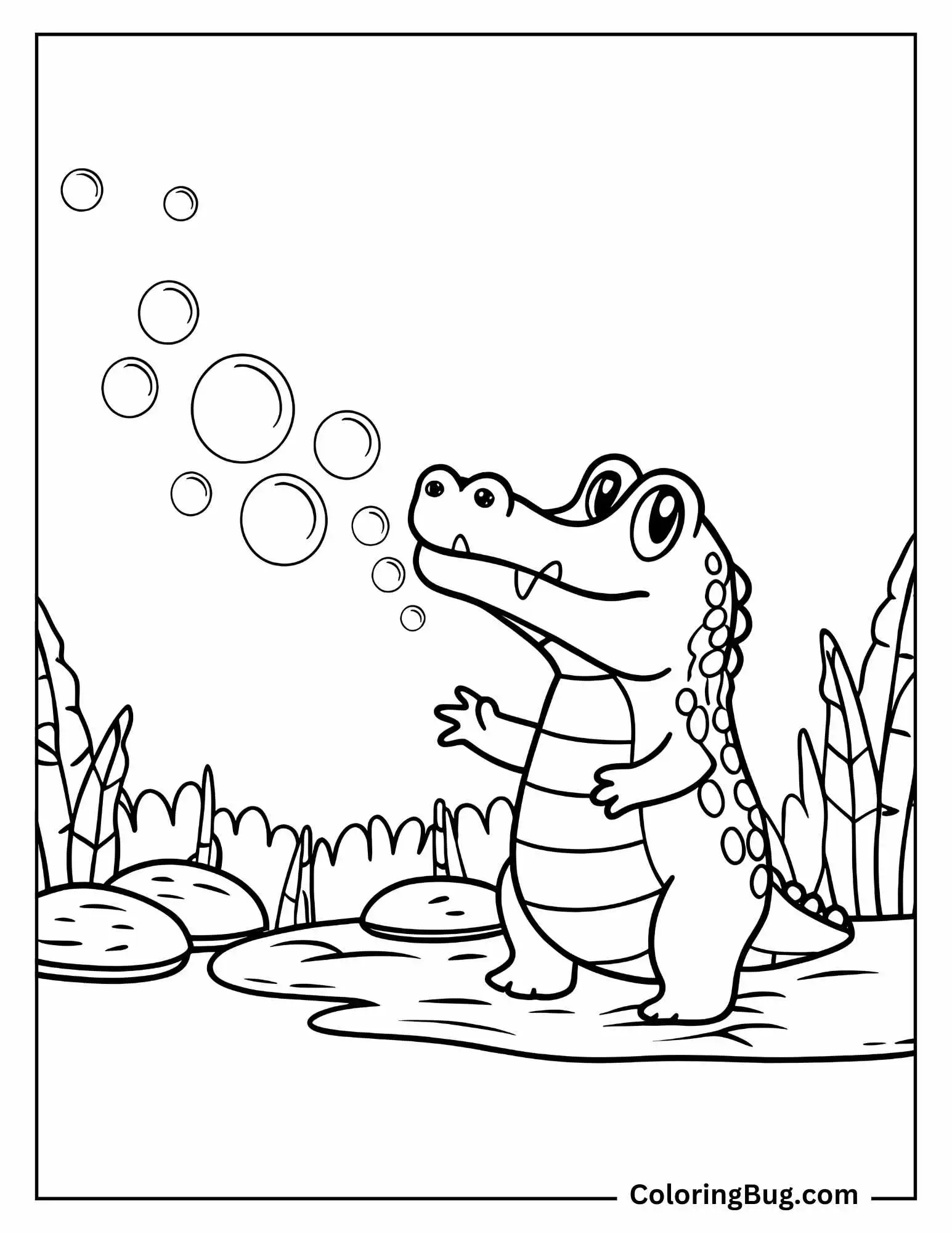 Alligator Blowing Bubbles in Swamp Coloring Sheet