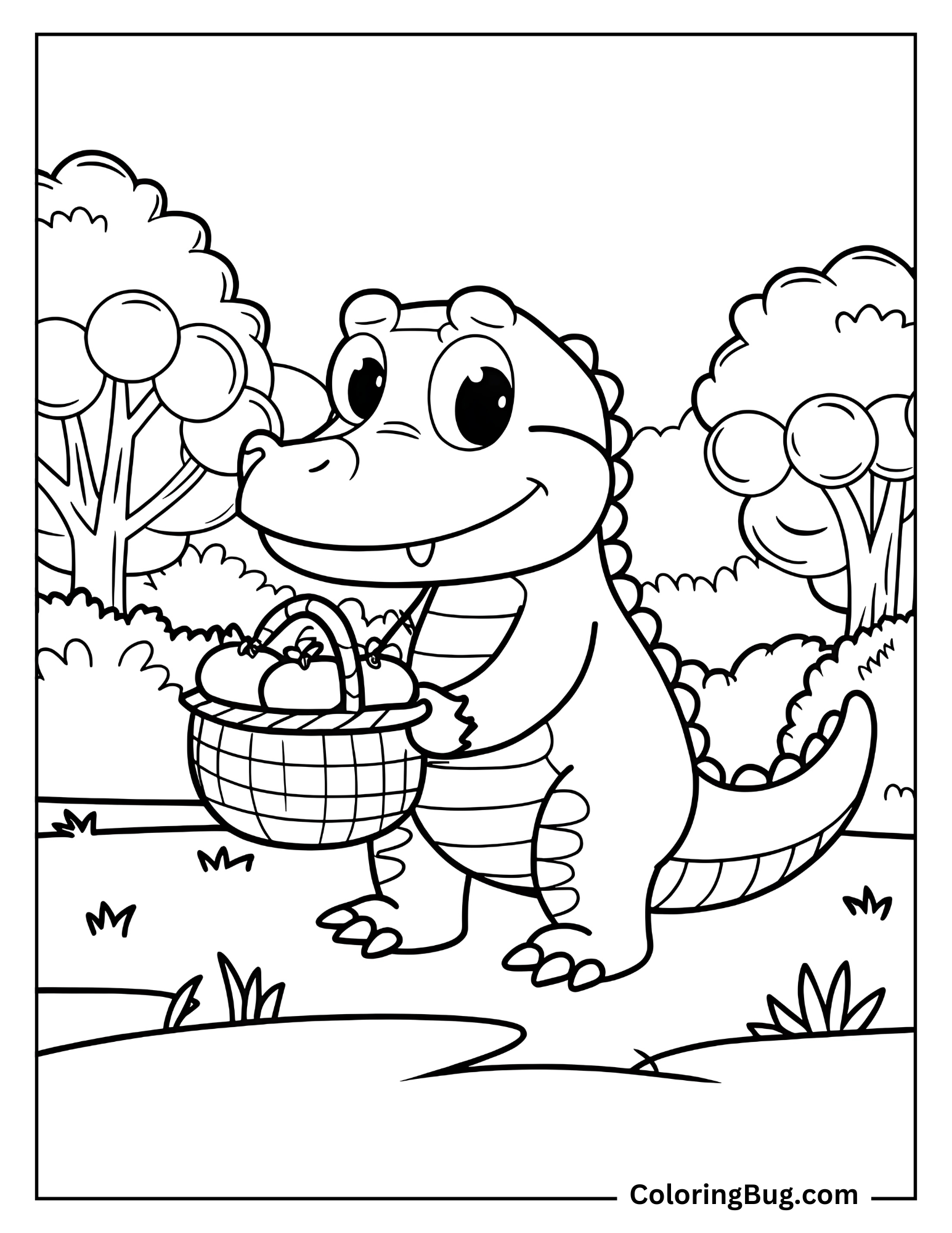 Alligator Carrying Fruit Basket Through Jungle Coloring Sheet