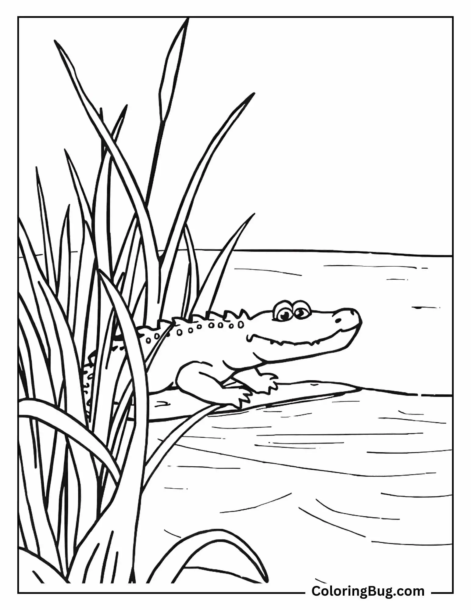 Alligator Hiding in  Reeds Near a Riverbank Coloring Sheet