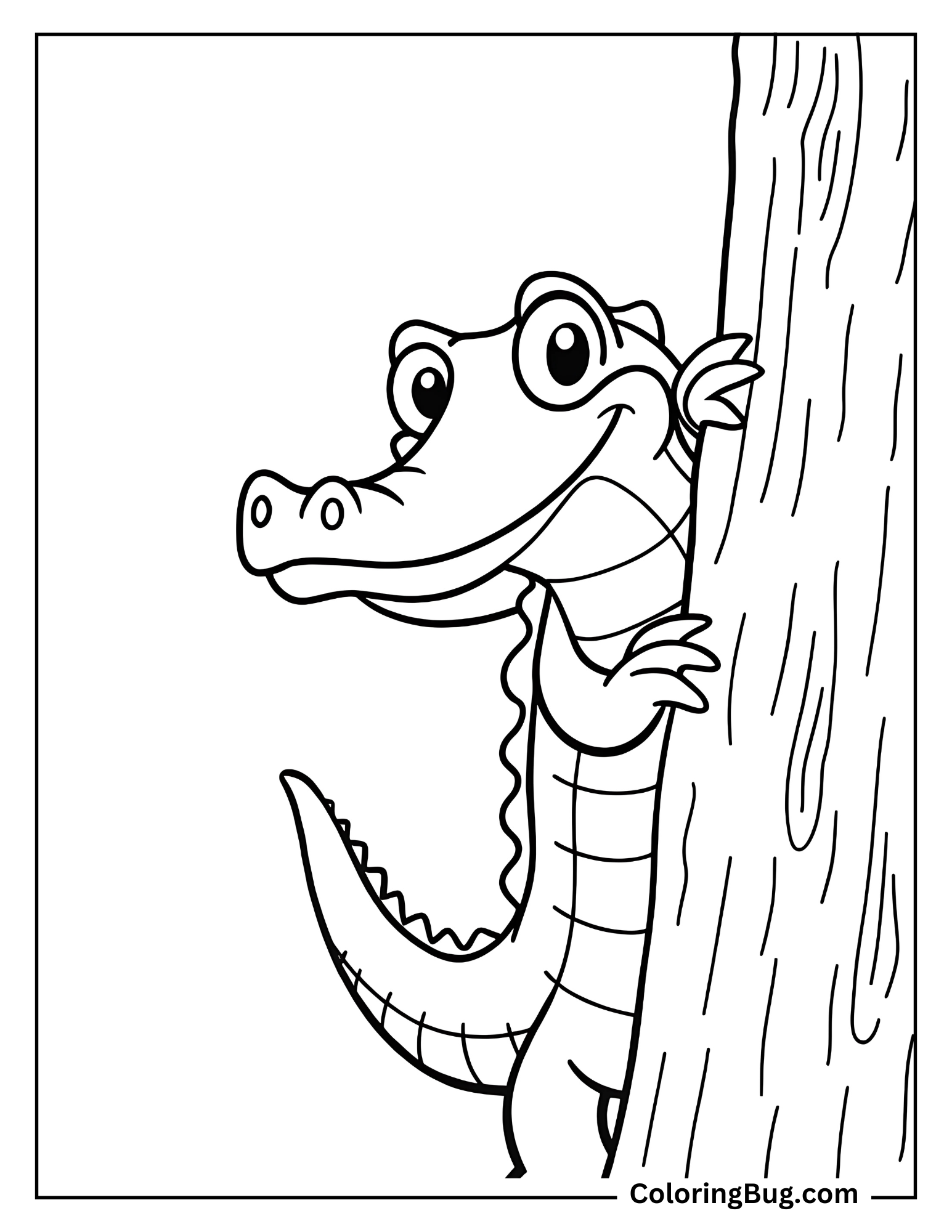 Alligator Playing Peek-A-Boo Behind a Tree Coloring Sheet