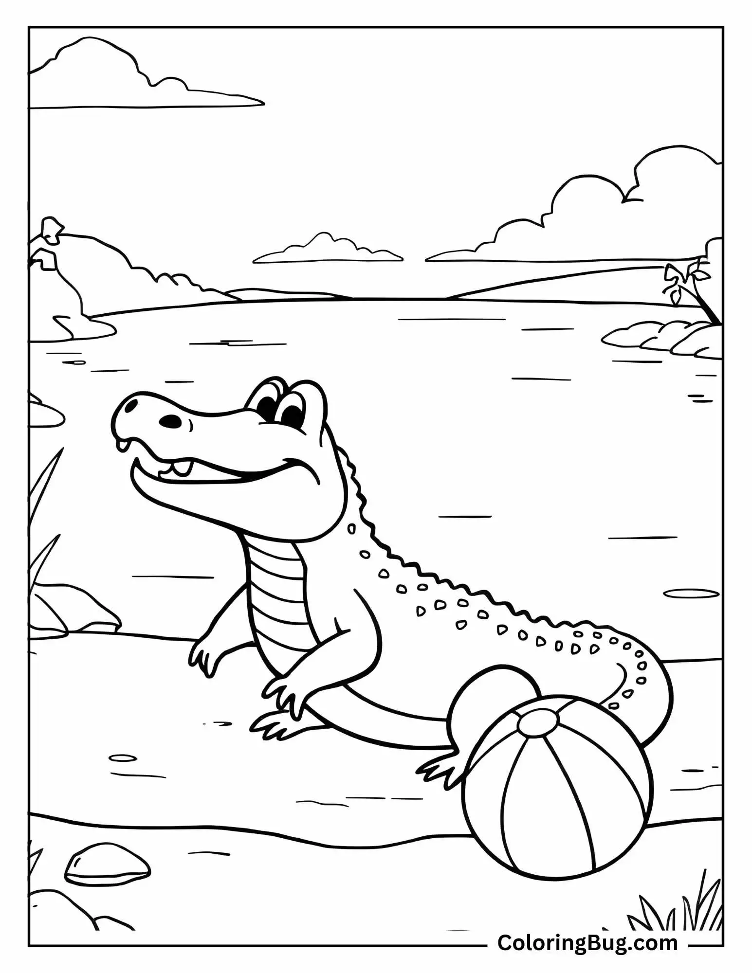 Alligator Playing With Ball Near River Coloring Sheet