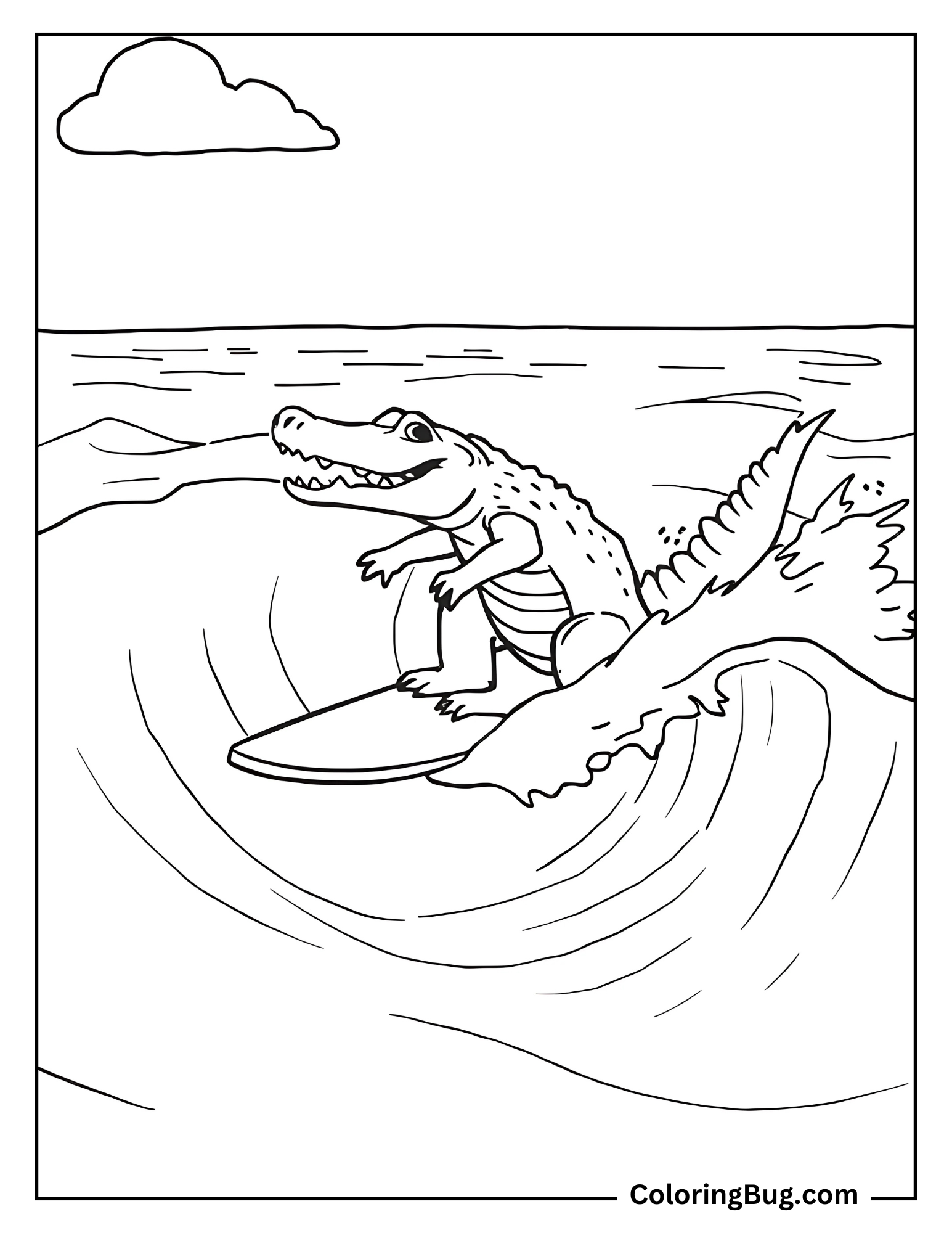 Alligator Surfing on a Wave of Ocean Coloring Sheet