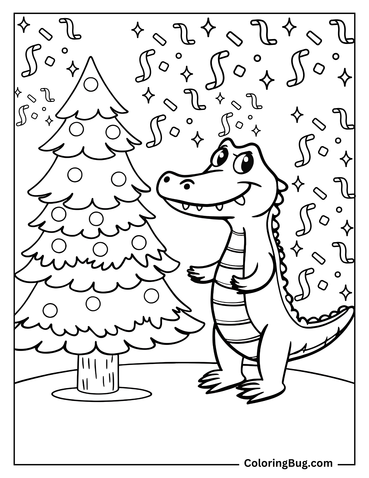Alligator With Christmas Tree Coloring Sheet