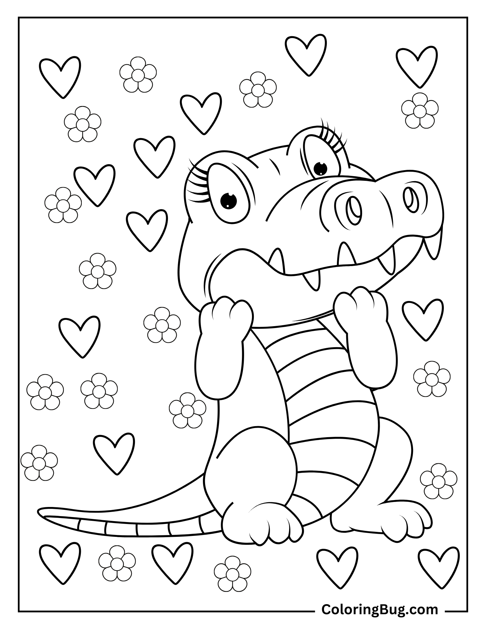 Alligator With Hearts And Flowers Coloring Sheet