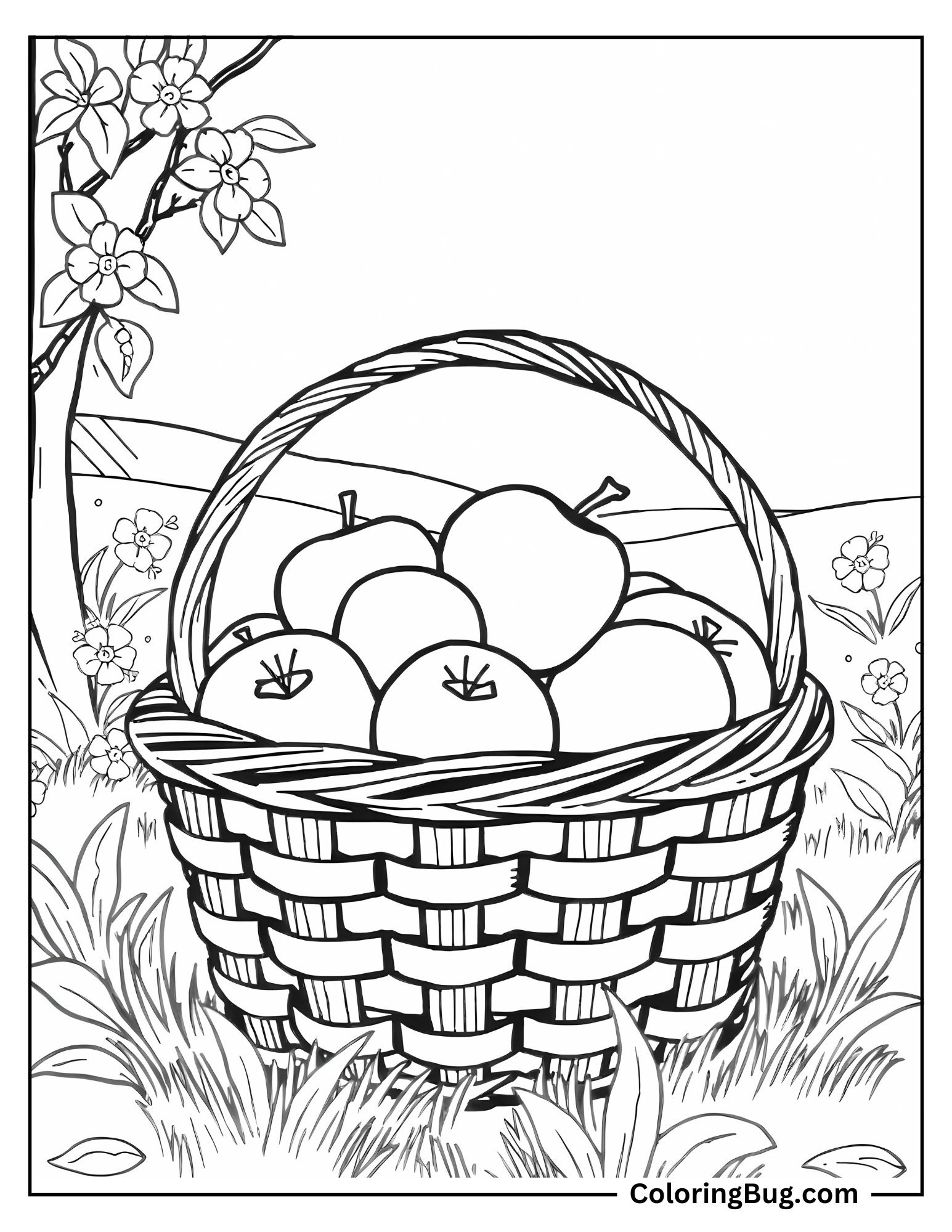 Apples Basket in Peaceful Meadow Coloring Sheet