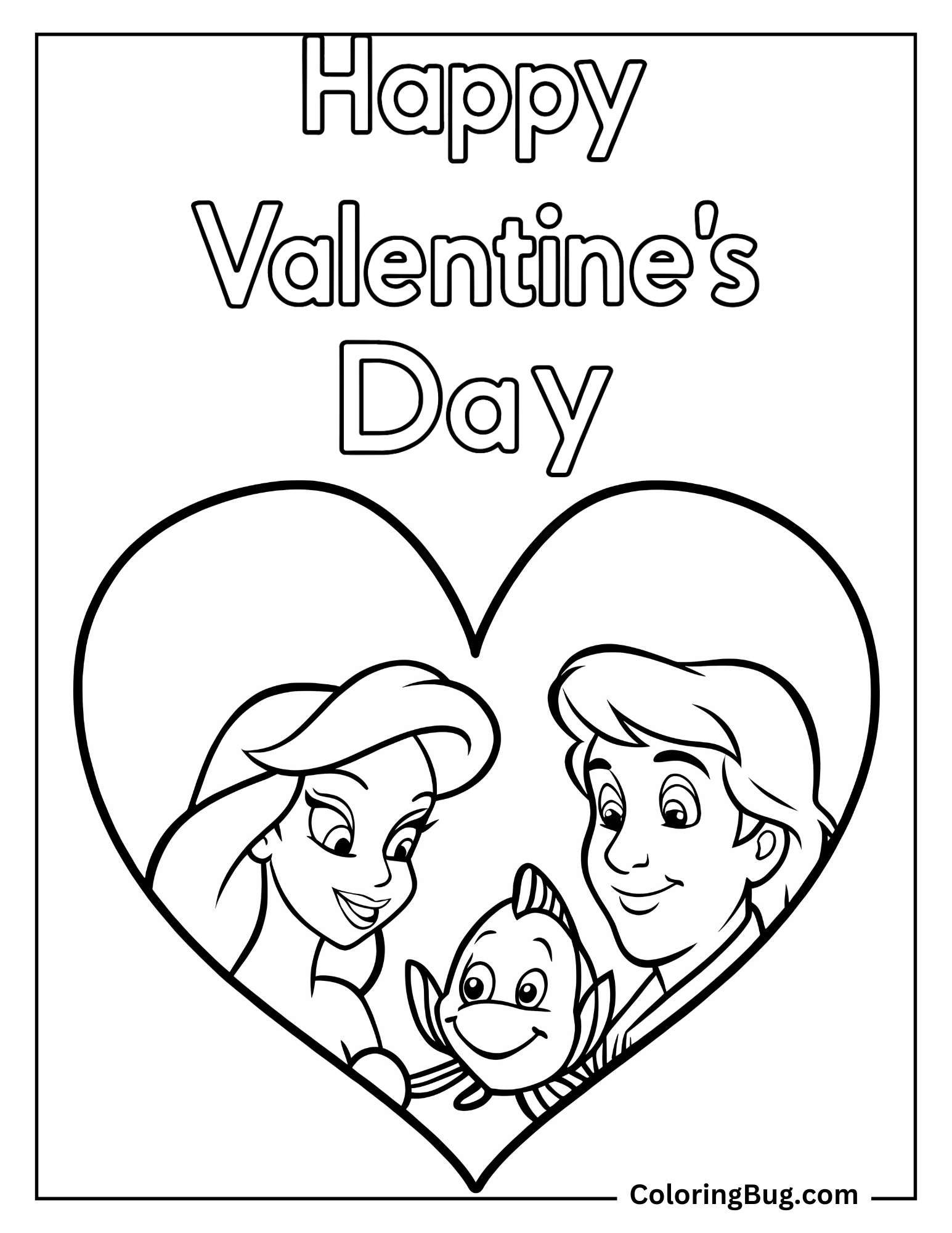 Ariel, Flounder, and Sebastian in Heart Coloring Sheet