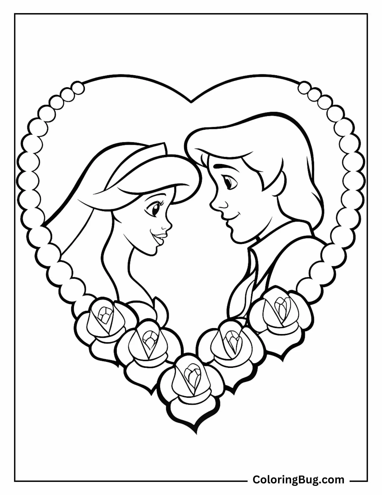 Ariel and Eric with Heart and Flowers coloring Sheet