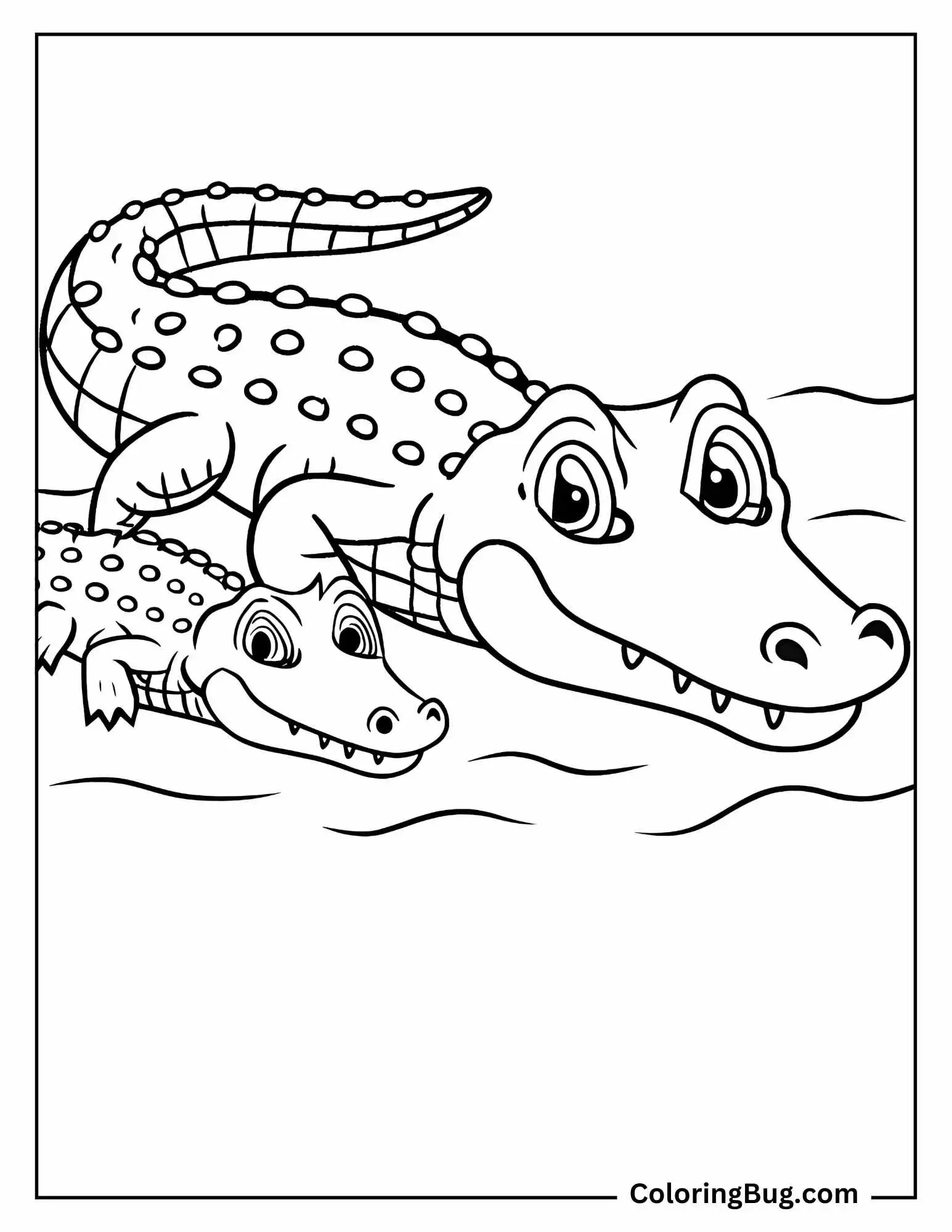 Baby Alligator With its Mother Coloring Sheet