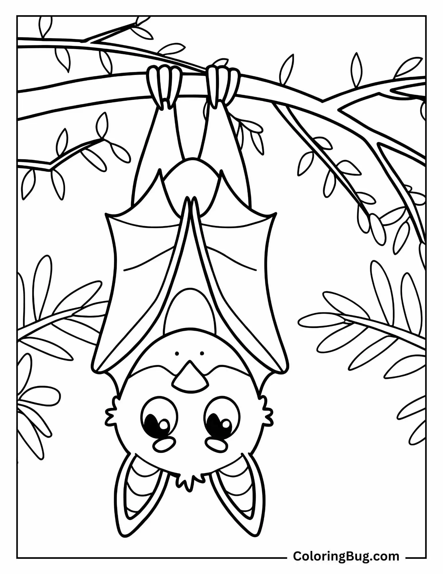 Baby Bat Hanging Upside Down From Tree Coloring Sheet