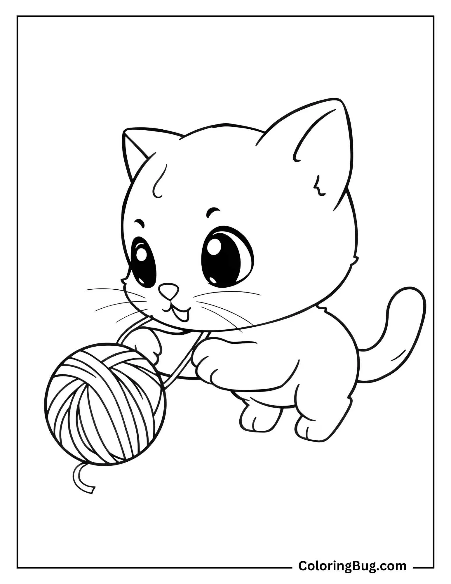 Baby Cat Chasing a Yarn Ball Coloring Sheet