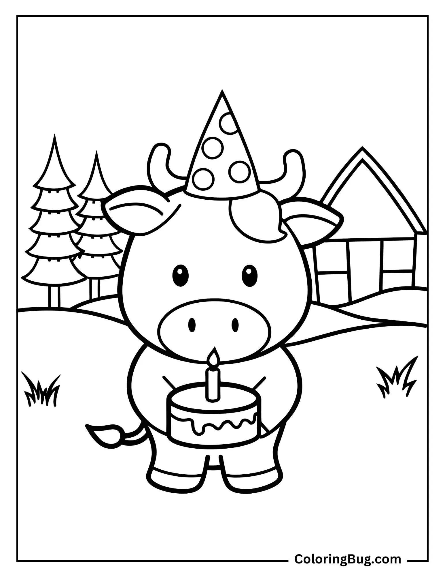 Baby Cow Celebrating Birthday Coloring Sheet