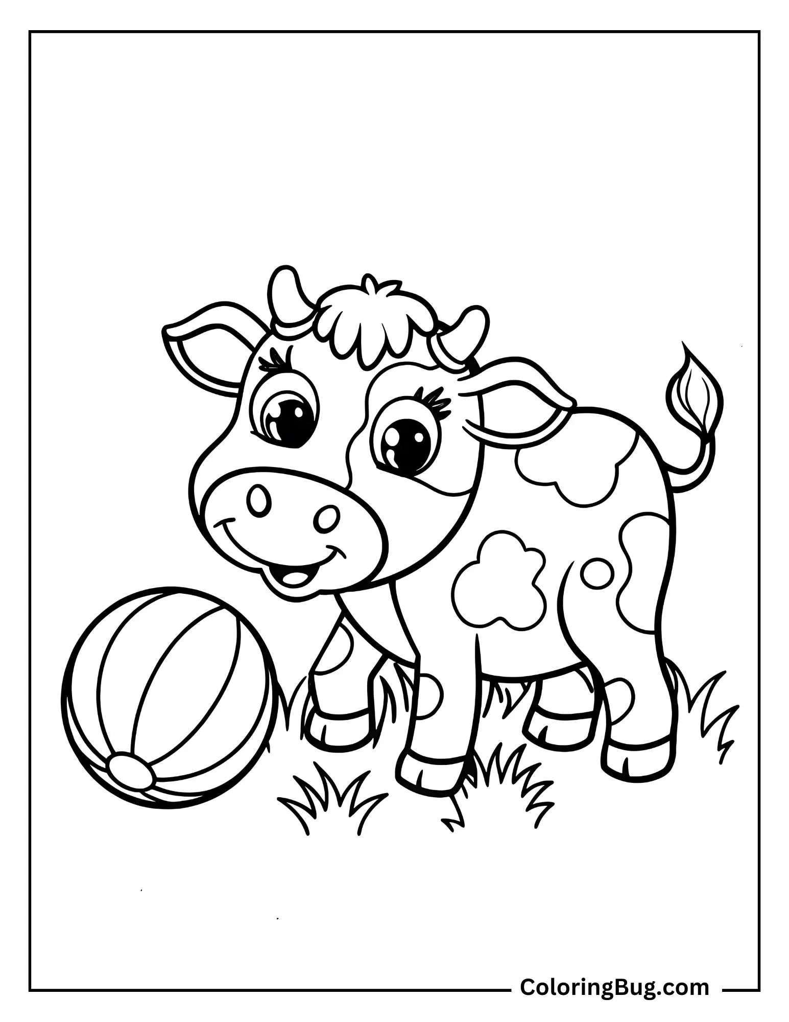 Baby Cow Playing With The Ball Coloring Sheet