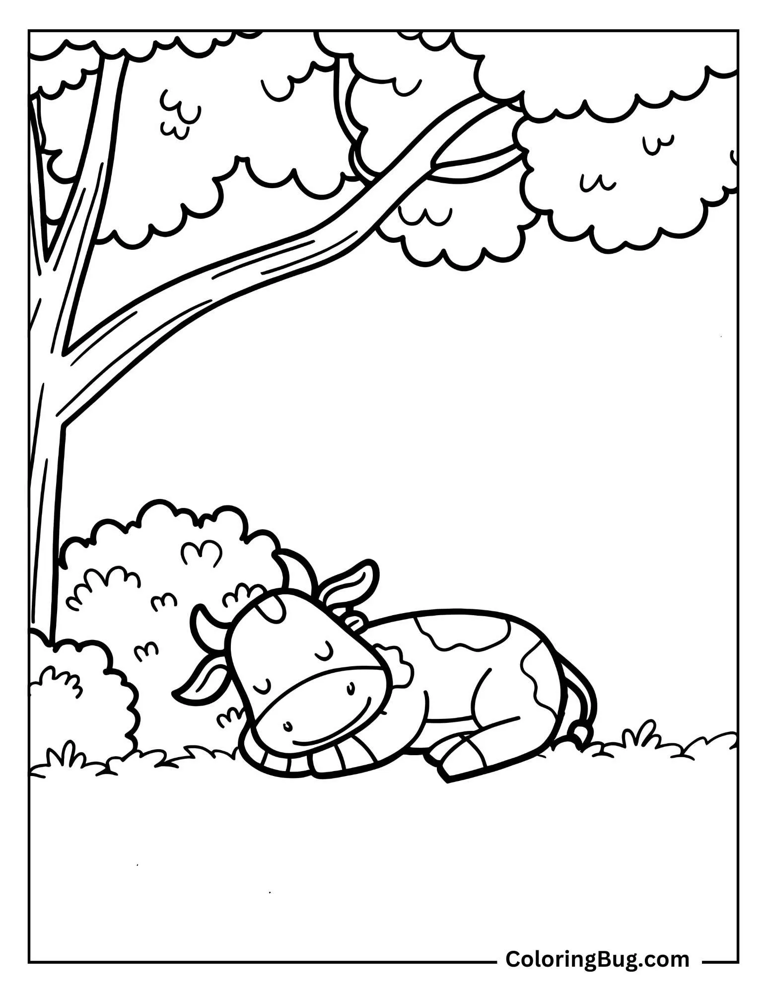 Baby Cow Sleeping Under Tree Coloring Sheet