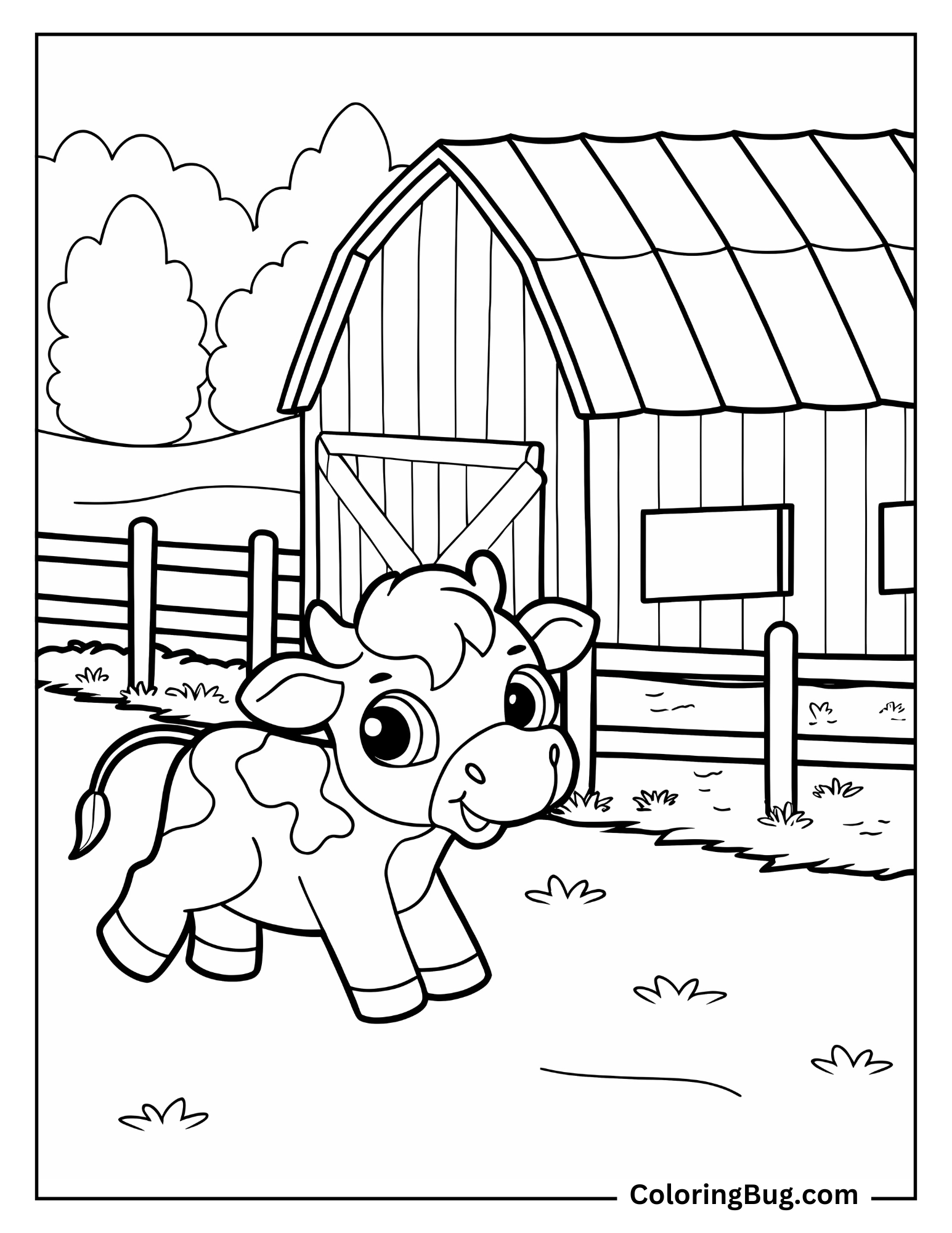 Baby Cow Trotting Around a Barnyard Coloring Sheet