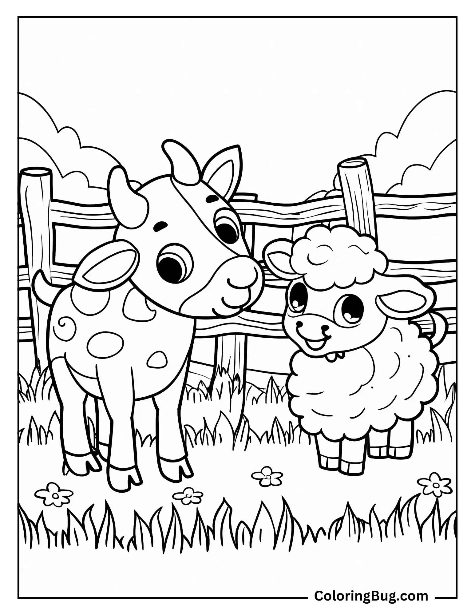 Baby Cow With Lamb Near Fence Coloring Sheet