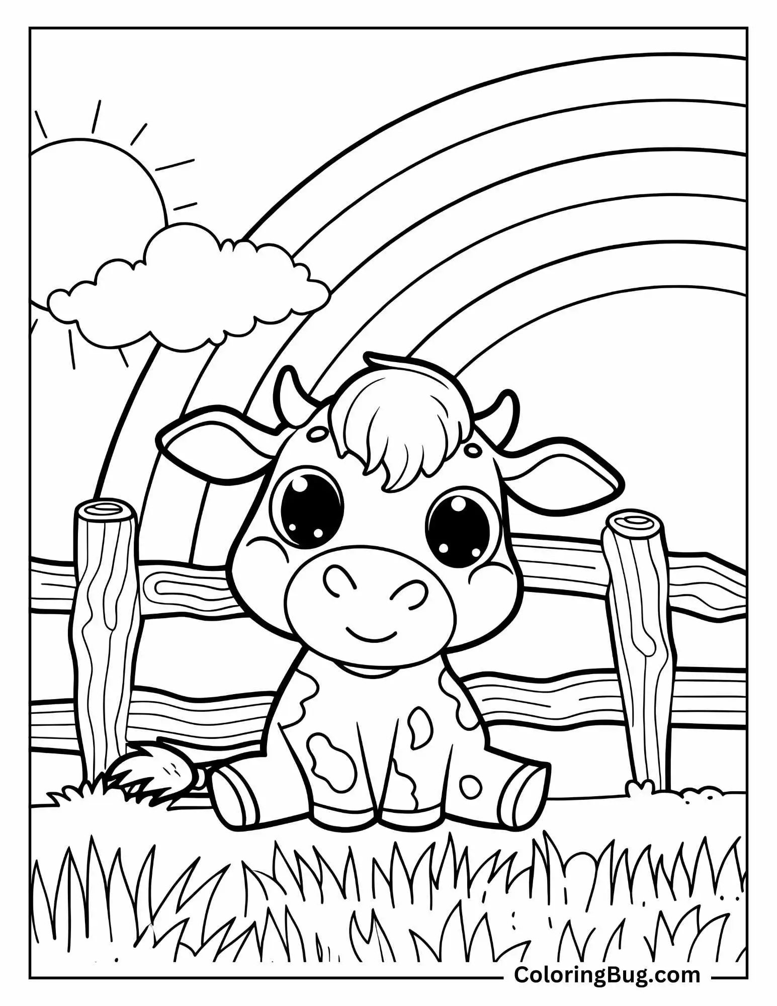 Baby Cow With Rainbow Coloring Sheet