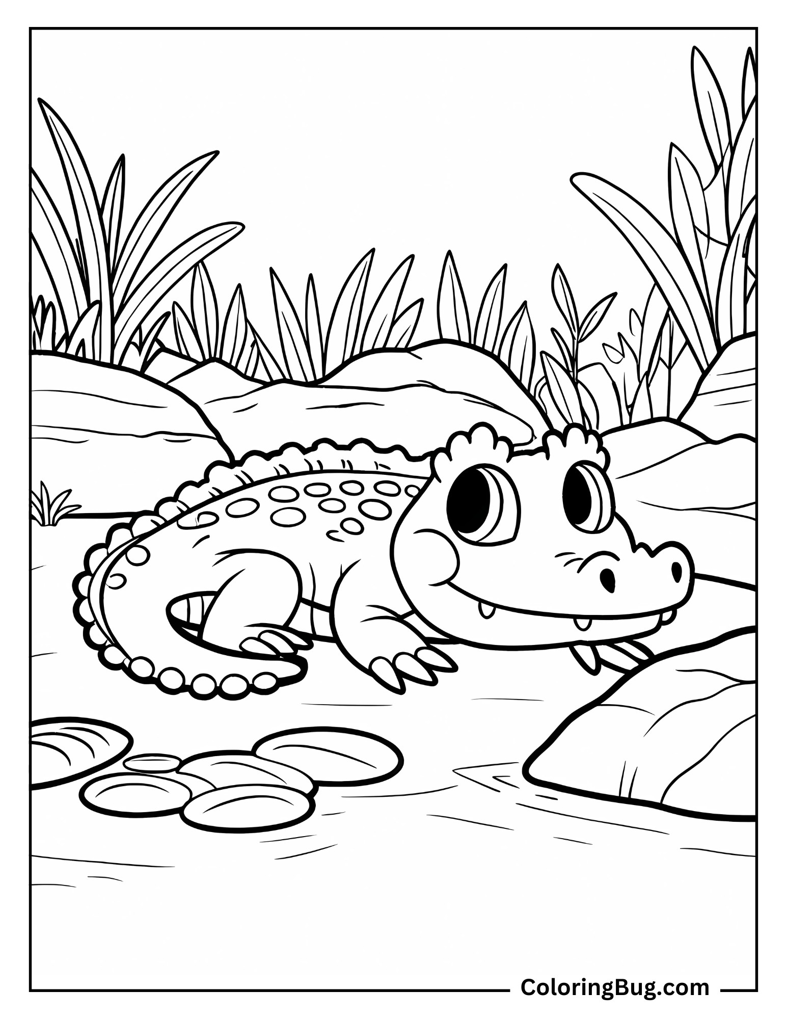 Baby Crocodile Sunbathing on Riverbank Coloring Sheet