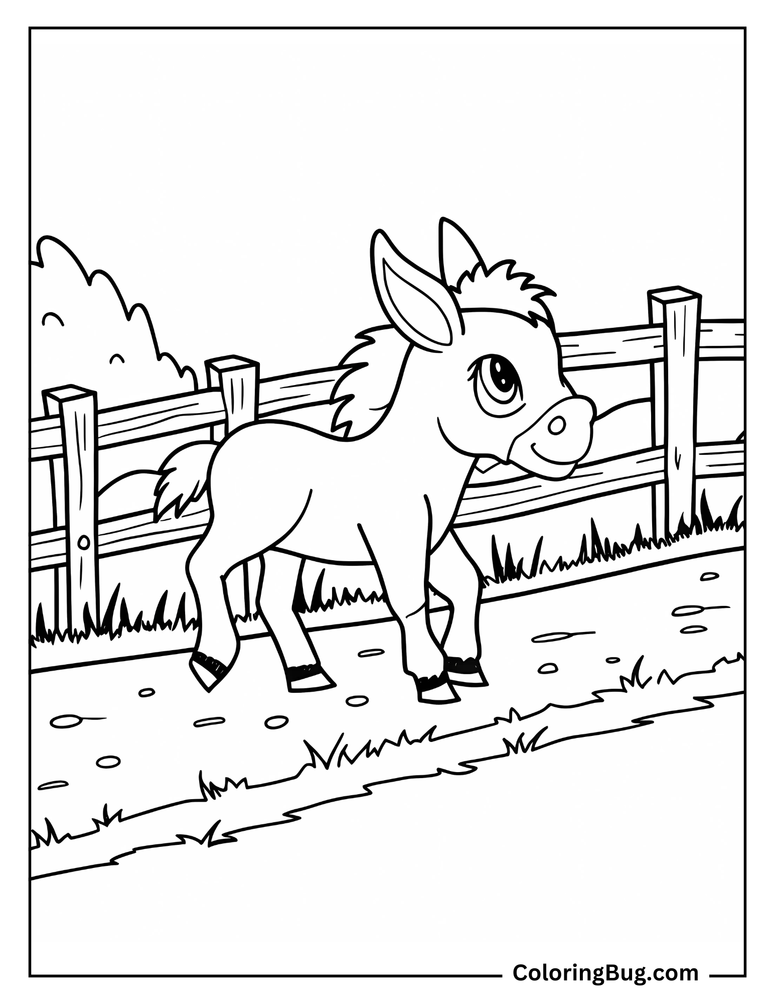 Baby Donkey Trotting Through a Dusty Farm Road Coloring Sheet