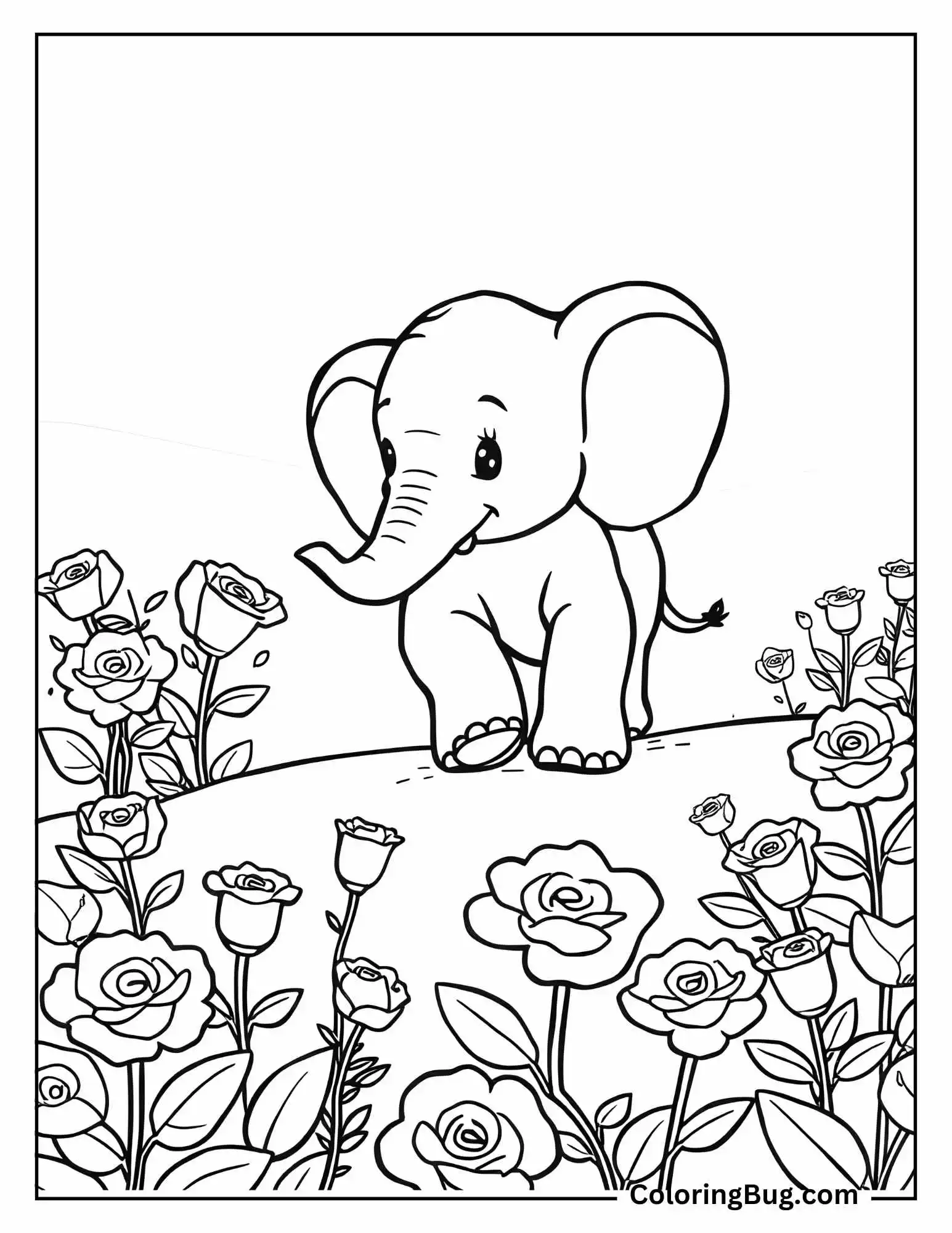 Baby Elephant Walking Across Roses Field Coloring Sheet 