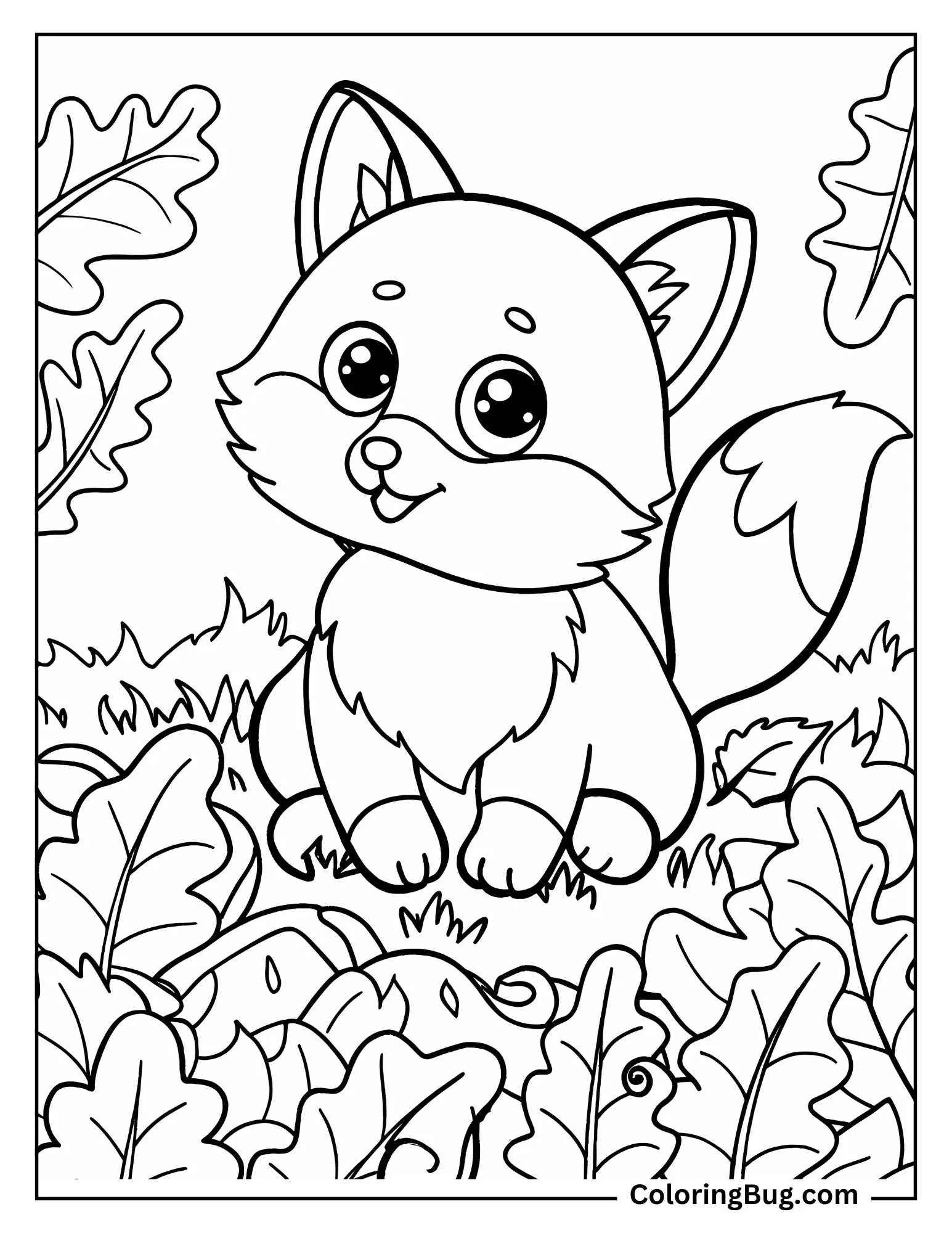 Baby Fox Playing in the Leaves Coloring Sheet 