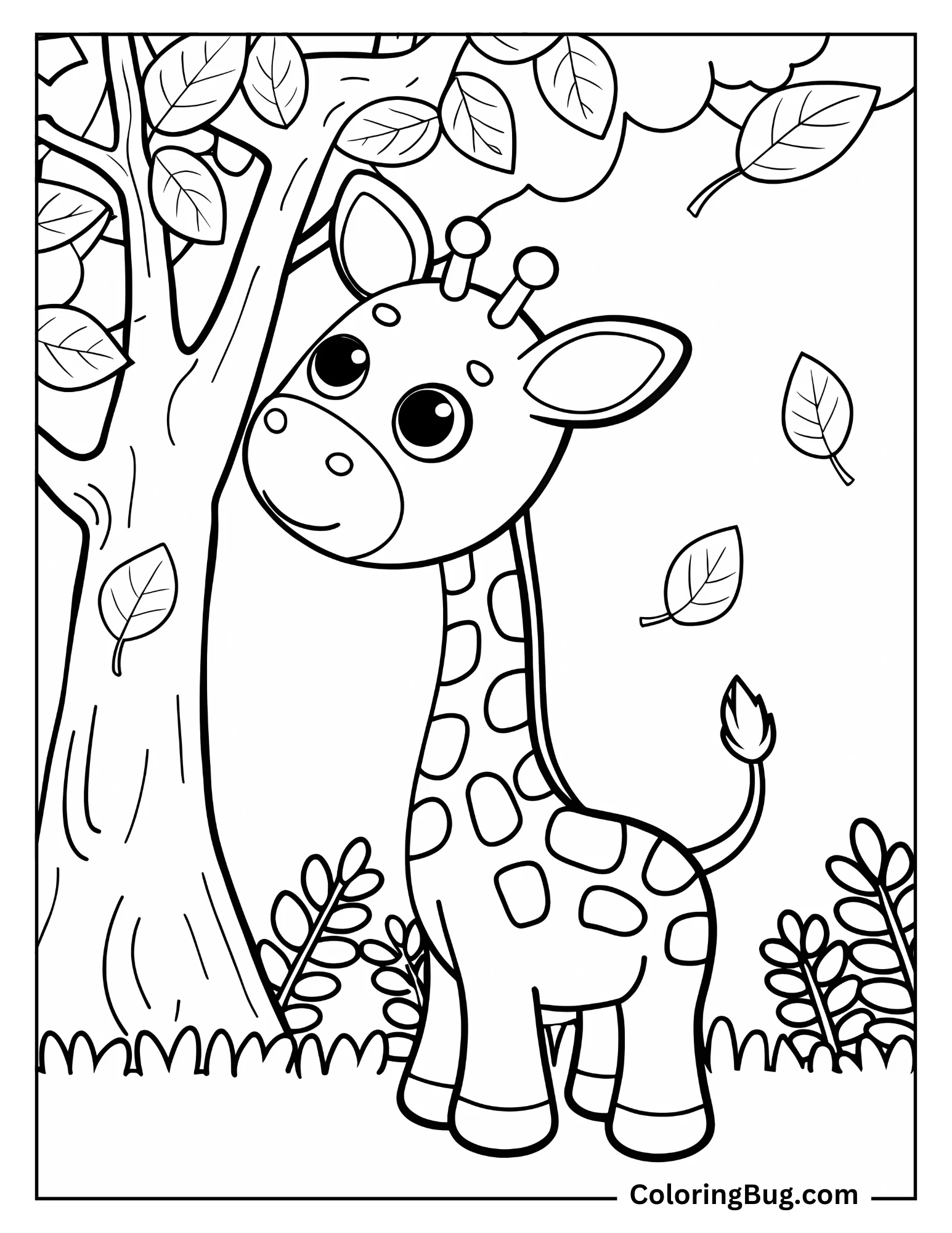 Baby Giraffe Reaching for Tree Leaves Coloring Sheet 