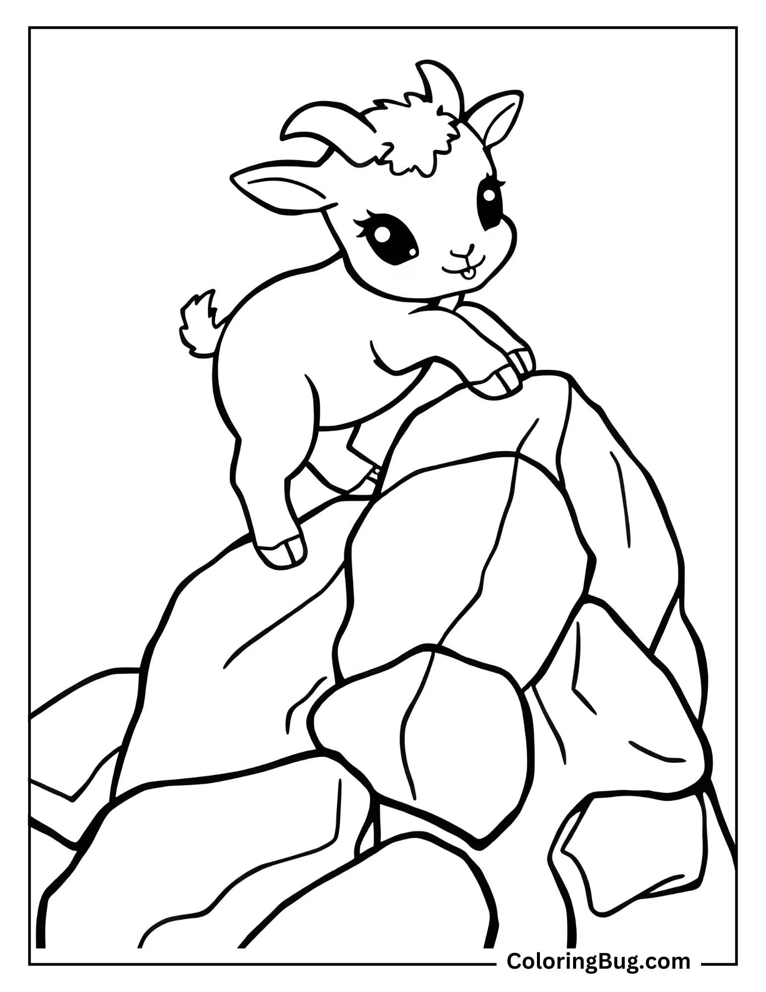 Baby Goat Climbing on Rocks Coloring Sheet
