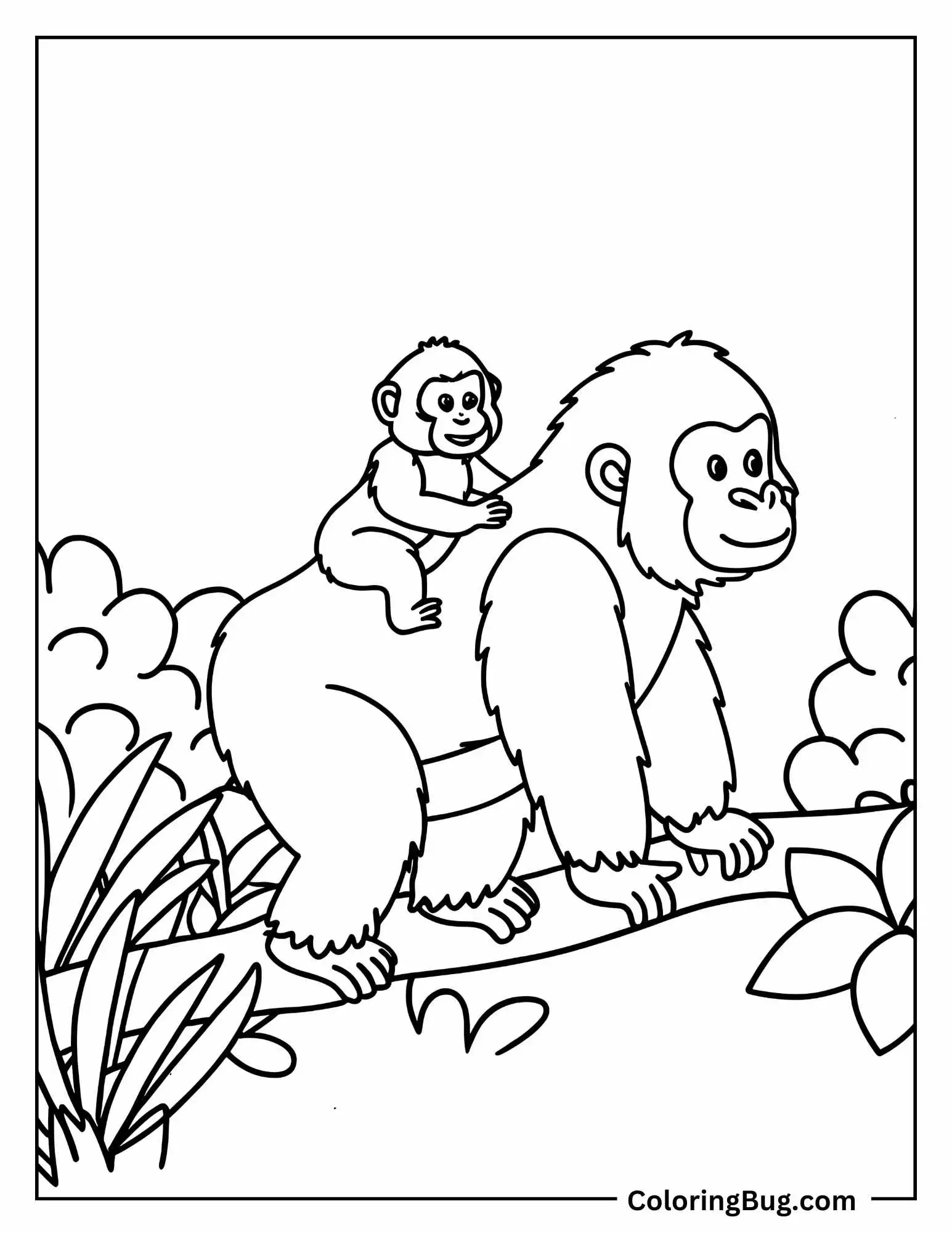 Baby Gorilla Riding On Its Mother's Back Coloring Sheet