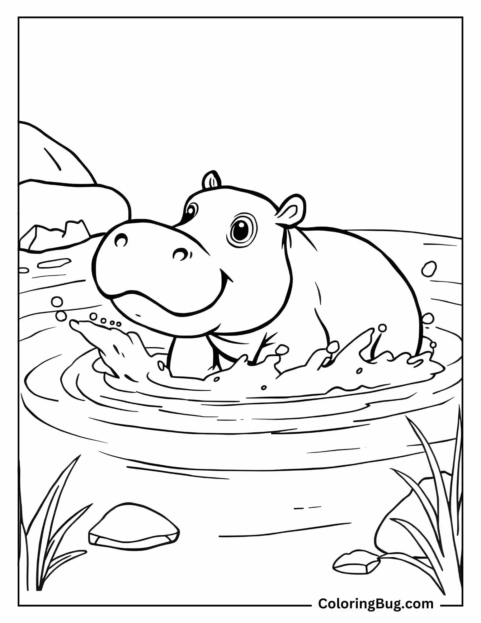 Baby Hippopotamus Splashing in River Coloring Sheet