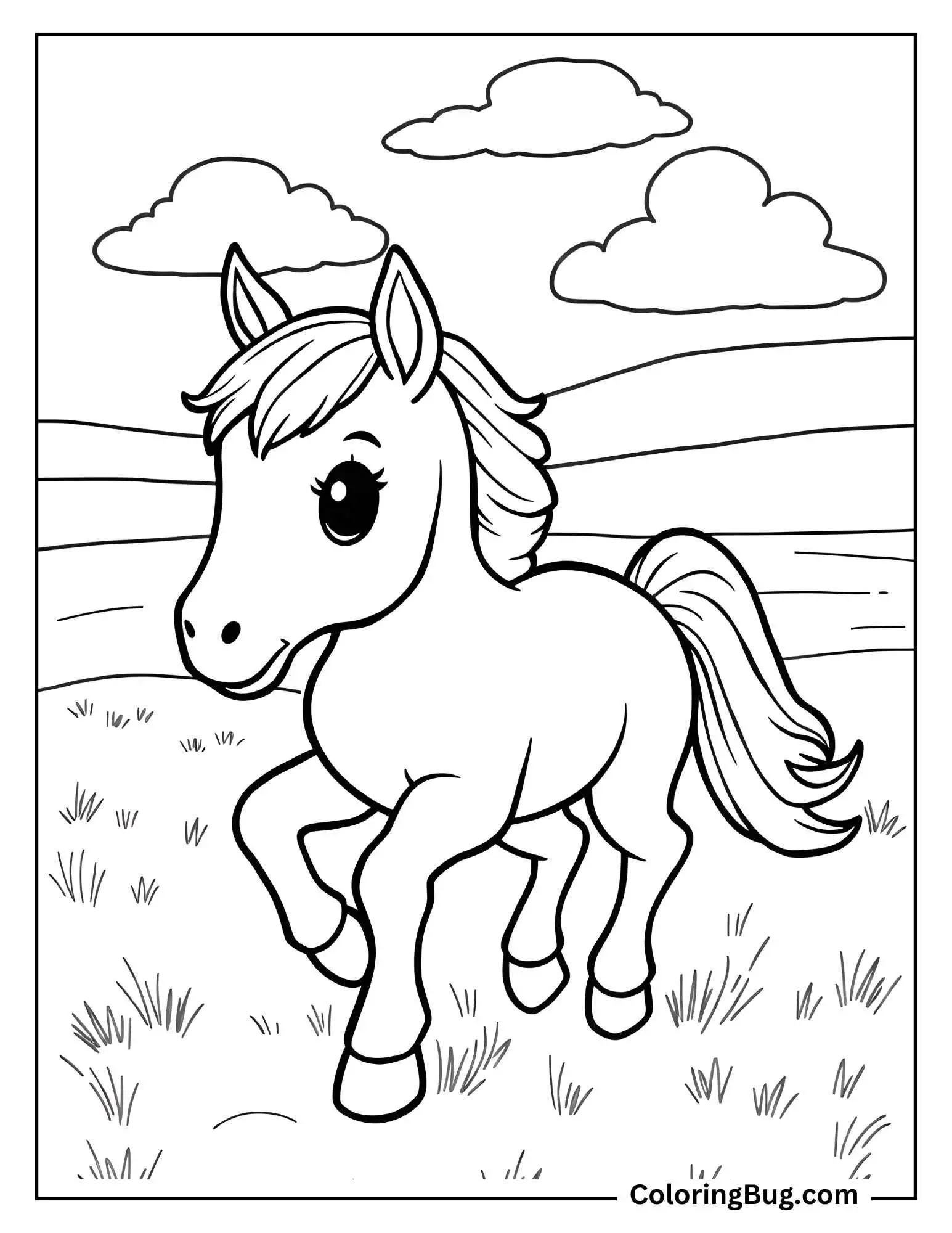 Baby Horse Galloping in a Pasture Coloring Sheet