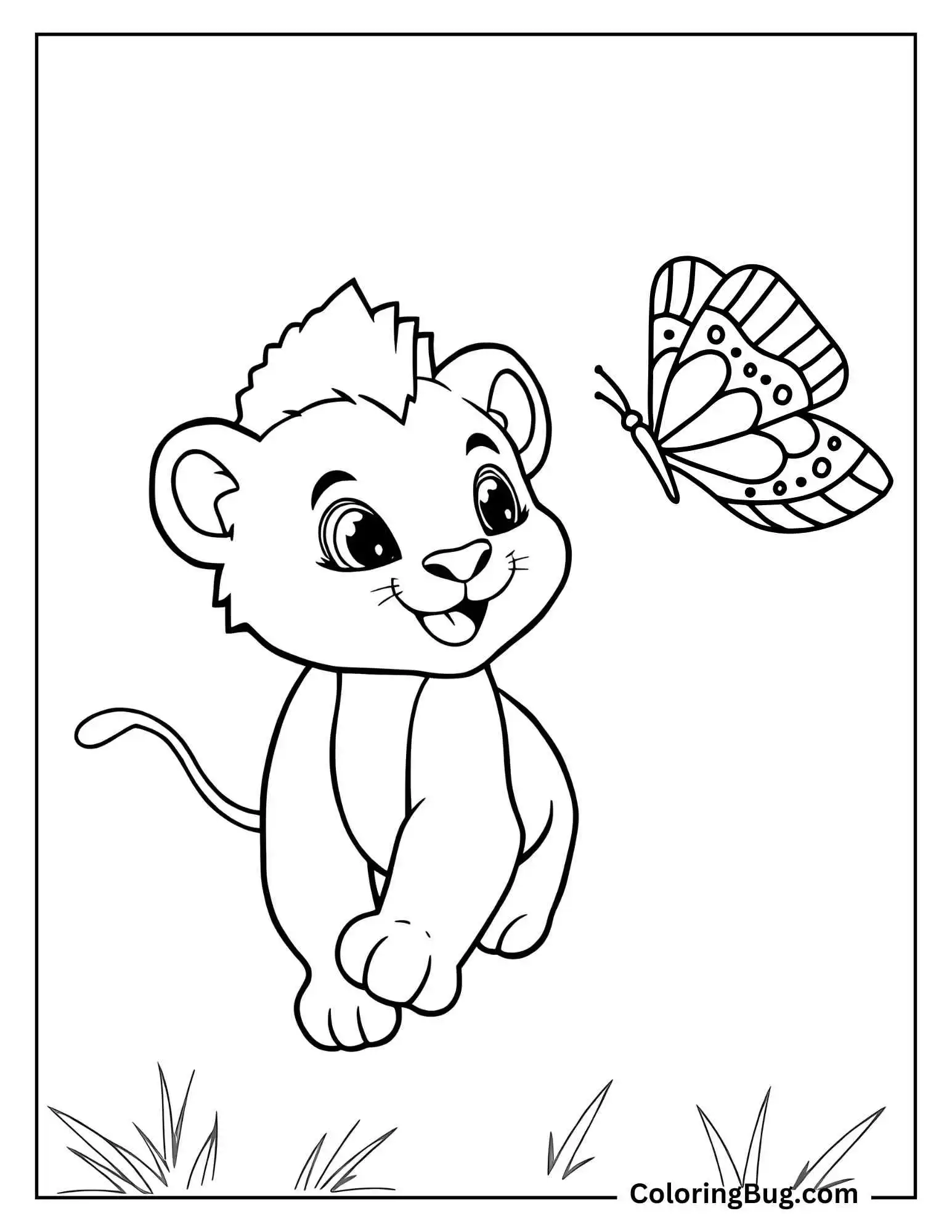 Baby Lion Cub Chasing a Butterfly Coloring Sheet 