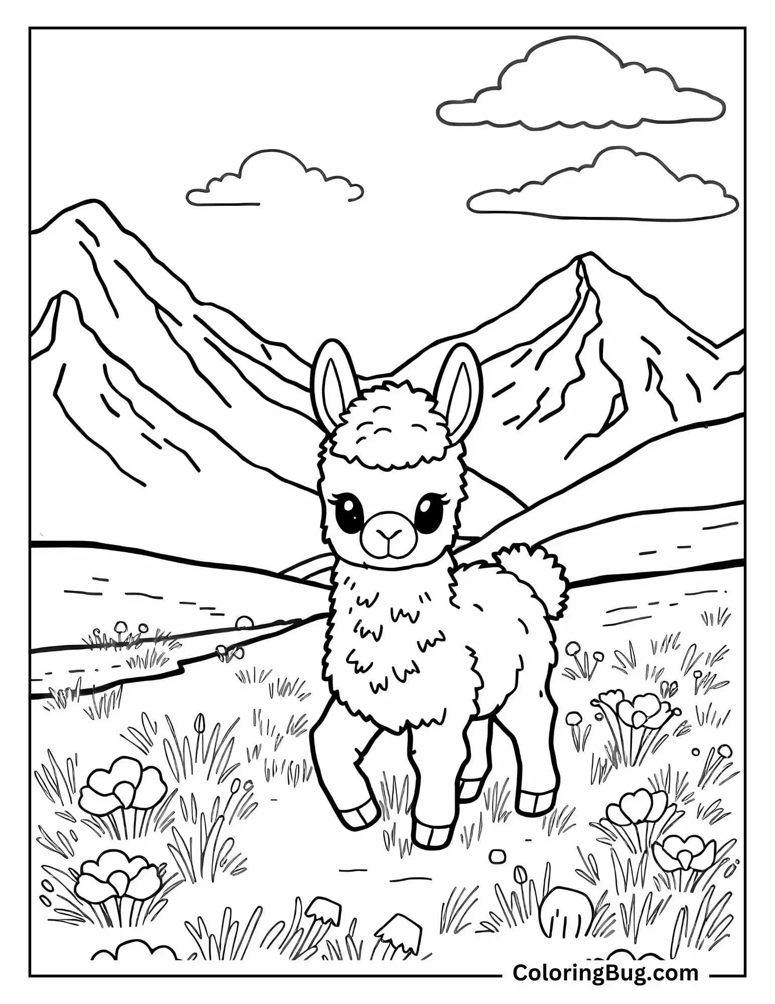 Baby Llama Walking Through a Mountain Field Coloring Sheet