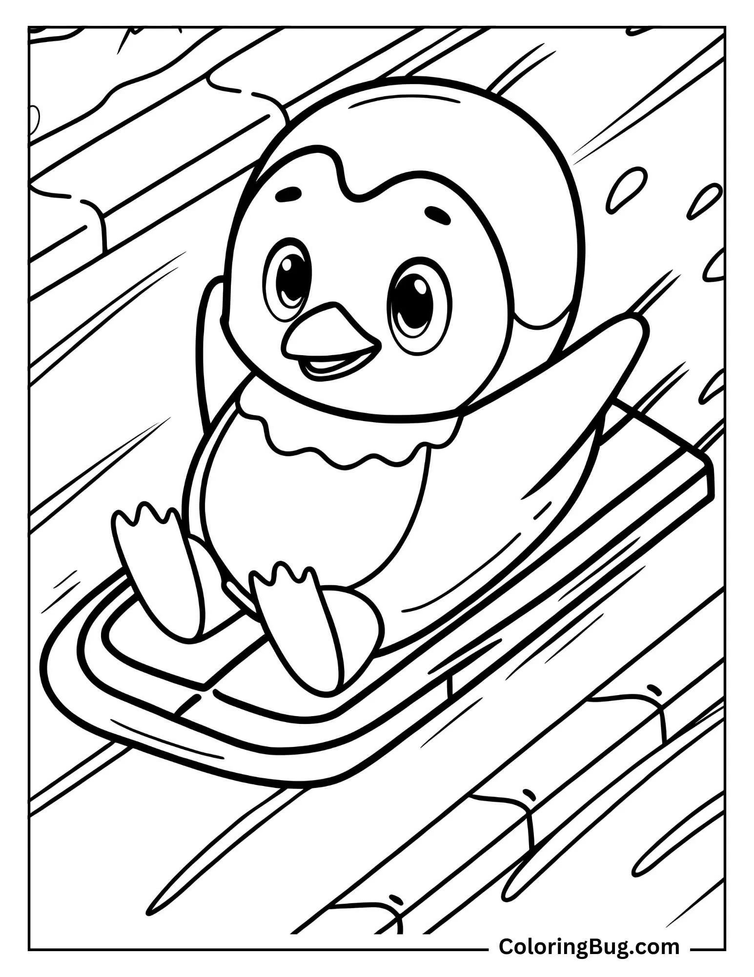 Baby Penguin Sliding on Ice Coloring Sheet