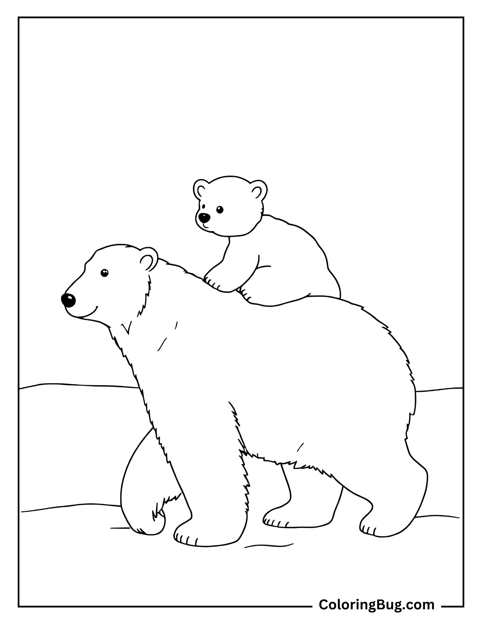 Baby Polar Bear Ridding on Mothers Back Coloring Sheet