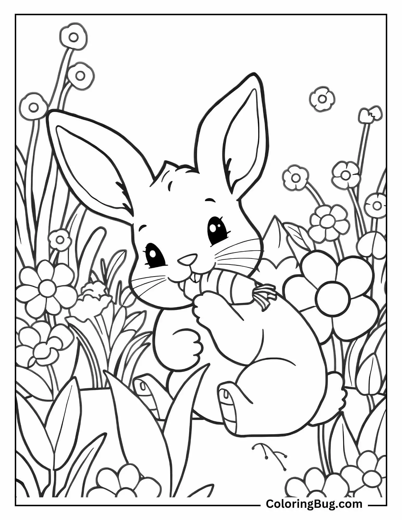 Baby Rabbit Eating Carrot in Garden Coloring Sheet