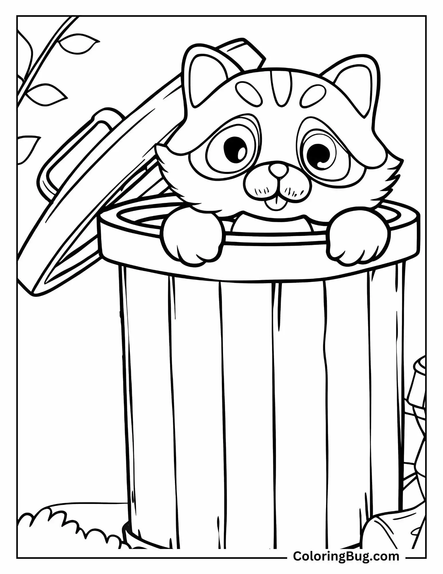 Baby Raccoon Hiding  in a Trash Can Coloring Sheet